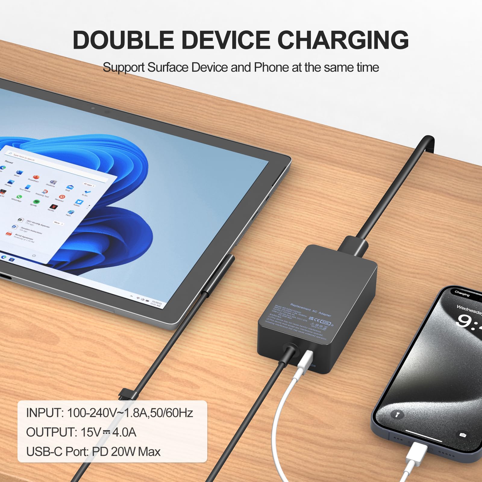 65W 15V 4A Surface Pro Charger Relacement For Microsoft Surface Pro 10, 9, 8, 7+, 7, 6, 5, 4, 3, X, Surface Laptop 6, 5, 4, 3, 2