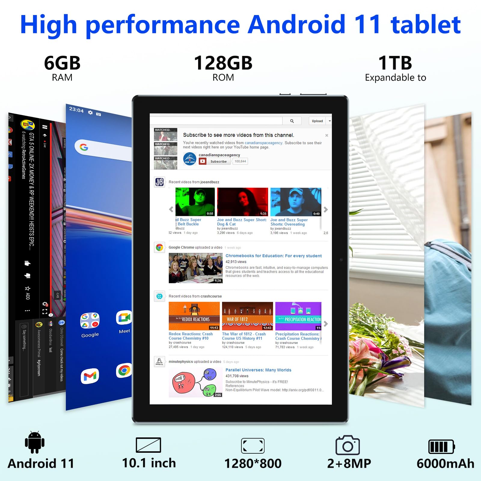 Tablet With Keyboard, 10 Inch Tablet 2 In 1 Tablets, 128Gb+6Gb Android Tableta Pc, 1.8Ghz Quad Core 1280*800 10.1'' Fhd 8Mp Dual