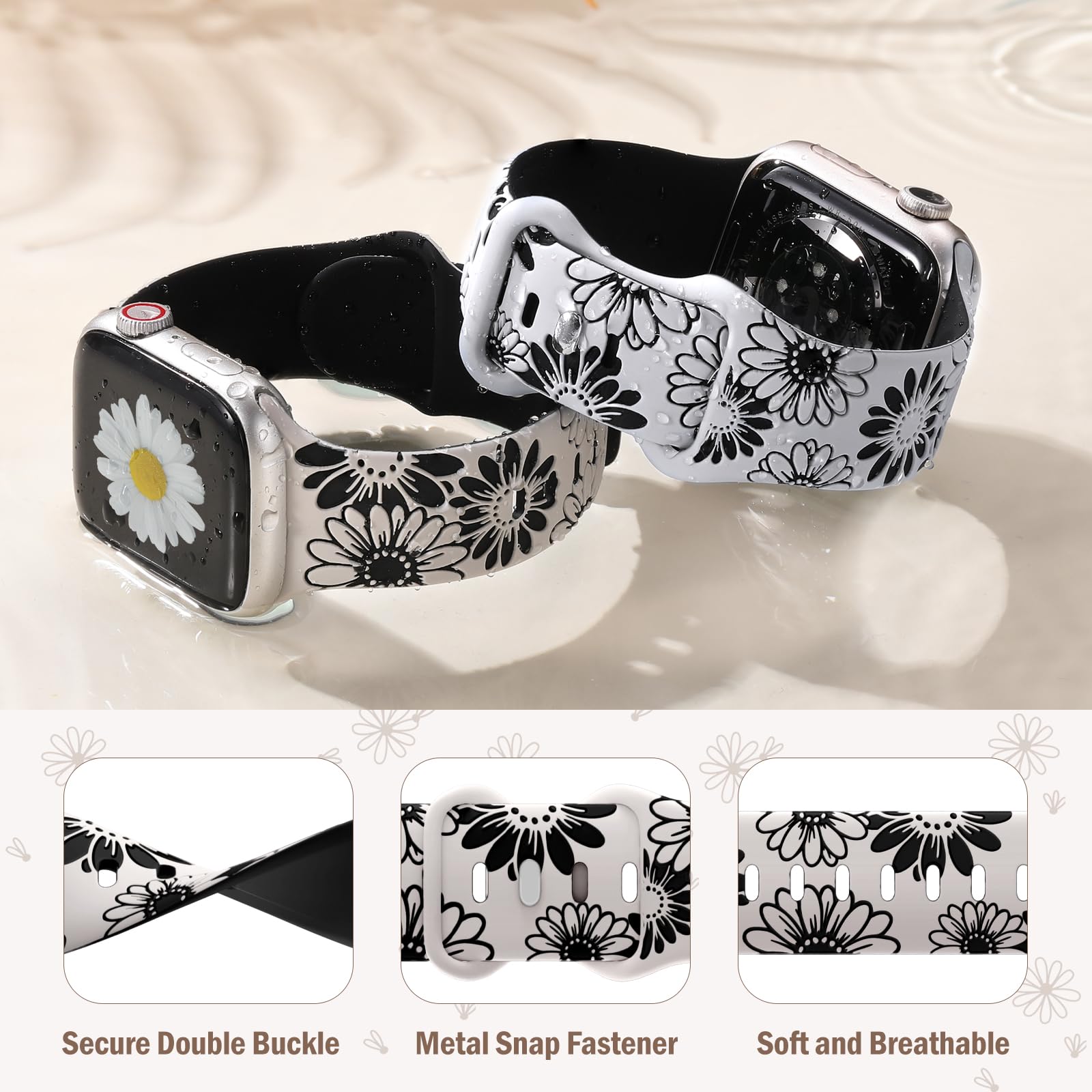 Daqin Floral Engraved Band Compatible With Apple Watch Band 40Mm 41Mm 38Mm Women, Cute Two Tone Flower Soft Silicone Sport Strap