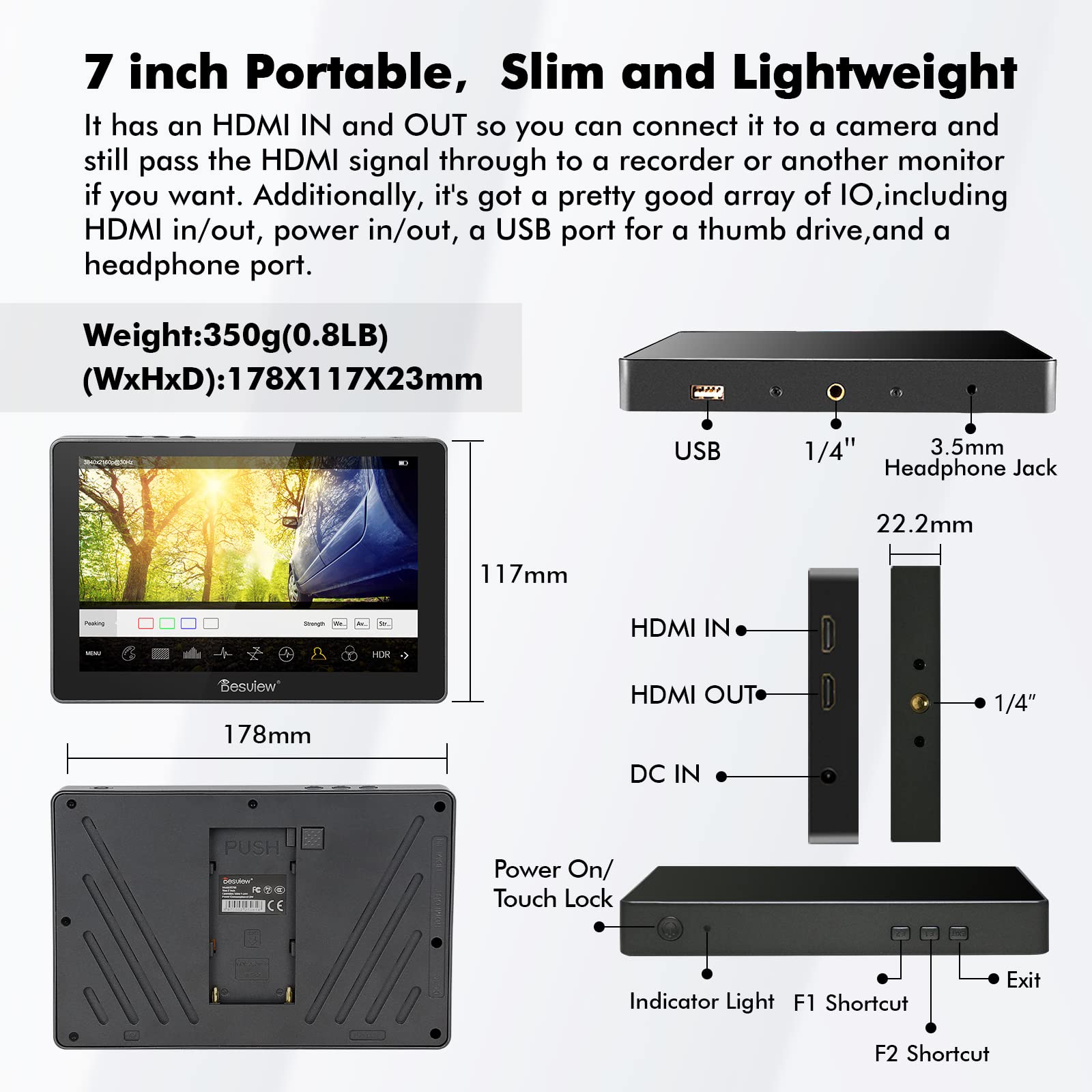 Desview R705 Camera Field Monitor, 7 Inch Touch Screen Field Monitor Full Hd 1920X1200Ips 4K Hdmi With 3D Lut Waveform Peaking F