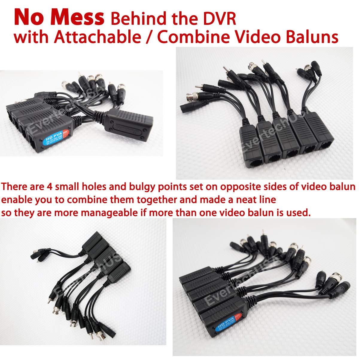 Evertech Hd Cvi/Tvi/Ahd Passive Video Balun With Power Connector And Rj45 Cat5 Data Transmitter Bnc Twisted Pair (4 Pairs 8 Pcs