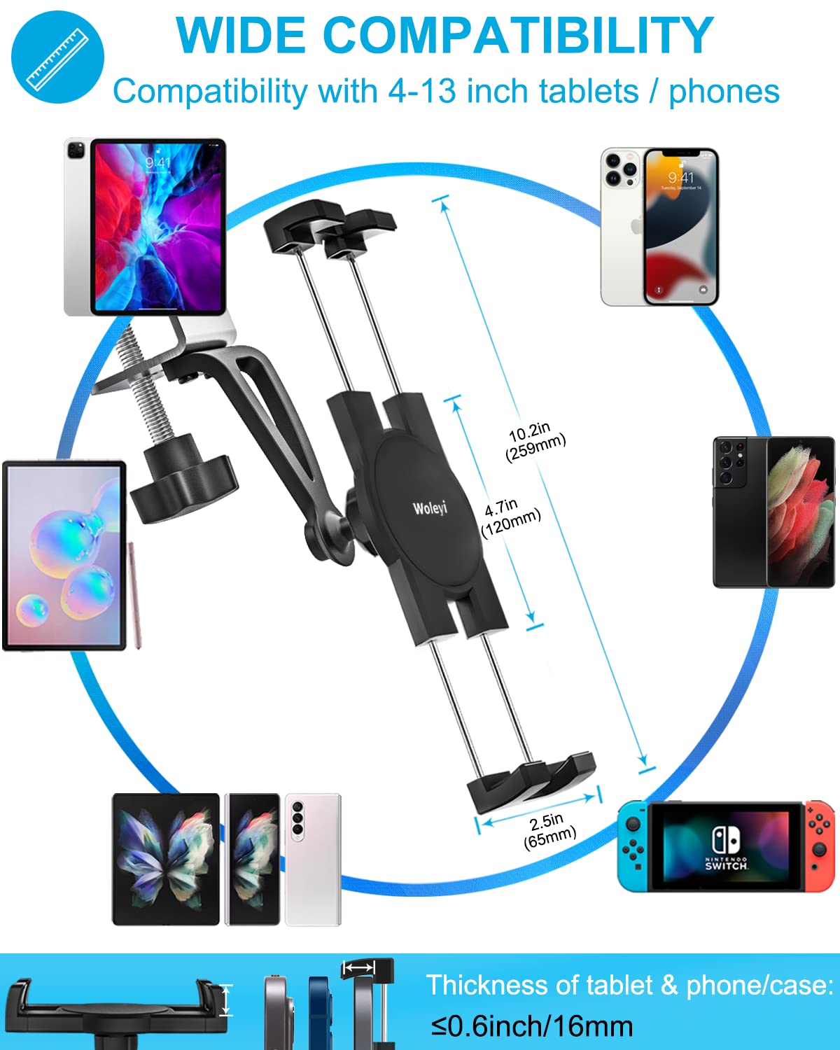 Woleyi Kitchen Cabinet Tablet Mount, Easy Install Under Cabinet Tablet & Phone Clamp Holder Stand For Ipad Pro 9.7, 10.5, 12.9 A