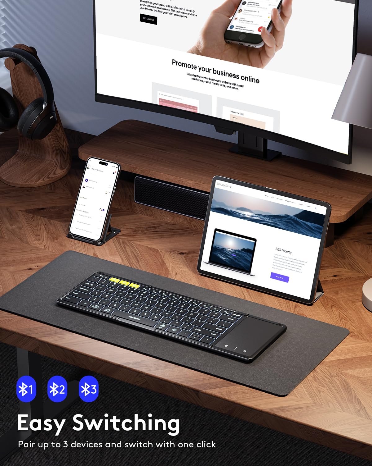 Samsers Foldable Bluetooth Keyboard With Touchpad, Full Size Wireless Folding Keyboard With Backlight, Portable Travel Keyboard