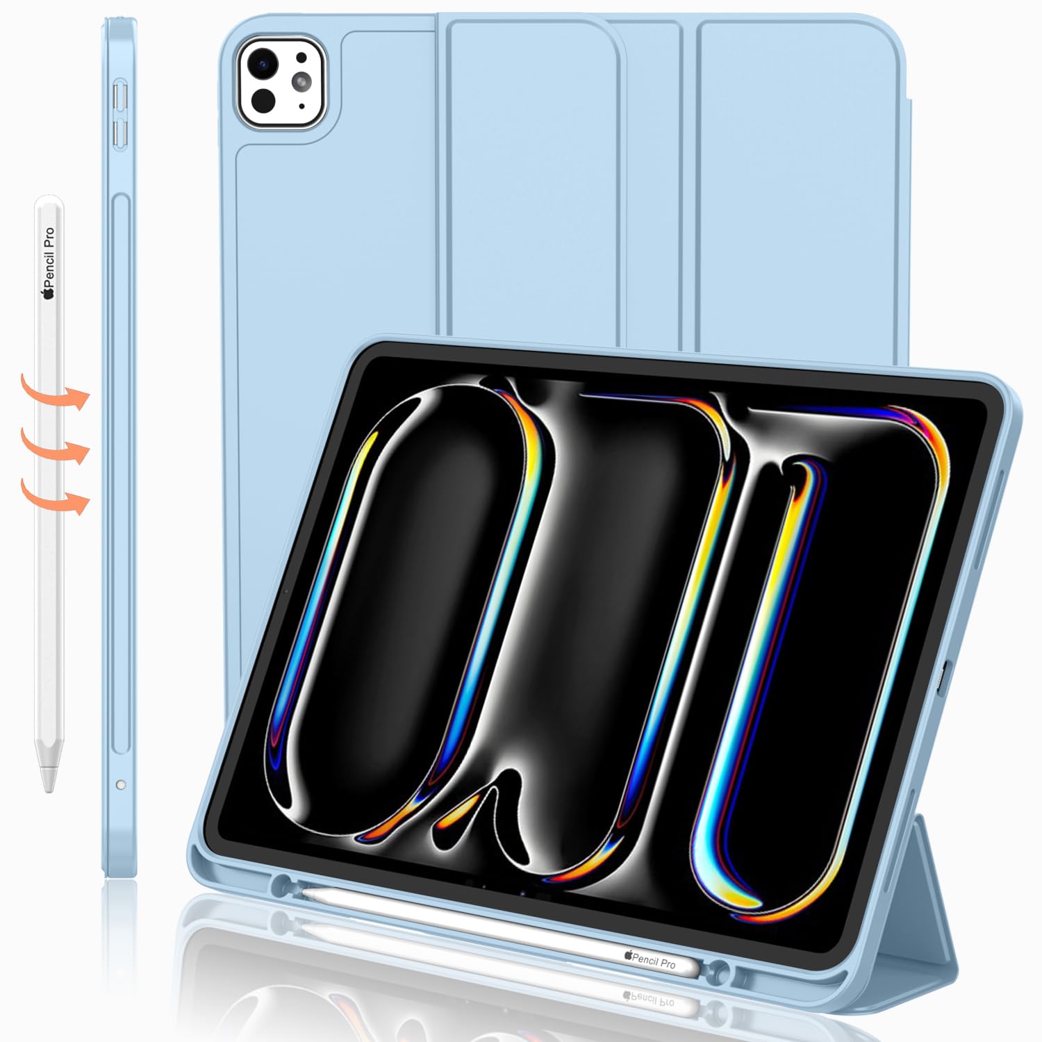Imieet Ipad Pro 13 Inch Case M4 (2024) With Pencil Holder, [Support Pencil Pro And Pencil (Usb C)],Trifold Stand Smart Case With Soft Tpu Back, Auto Wake/Sleep (Sky Blue)