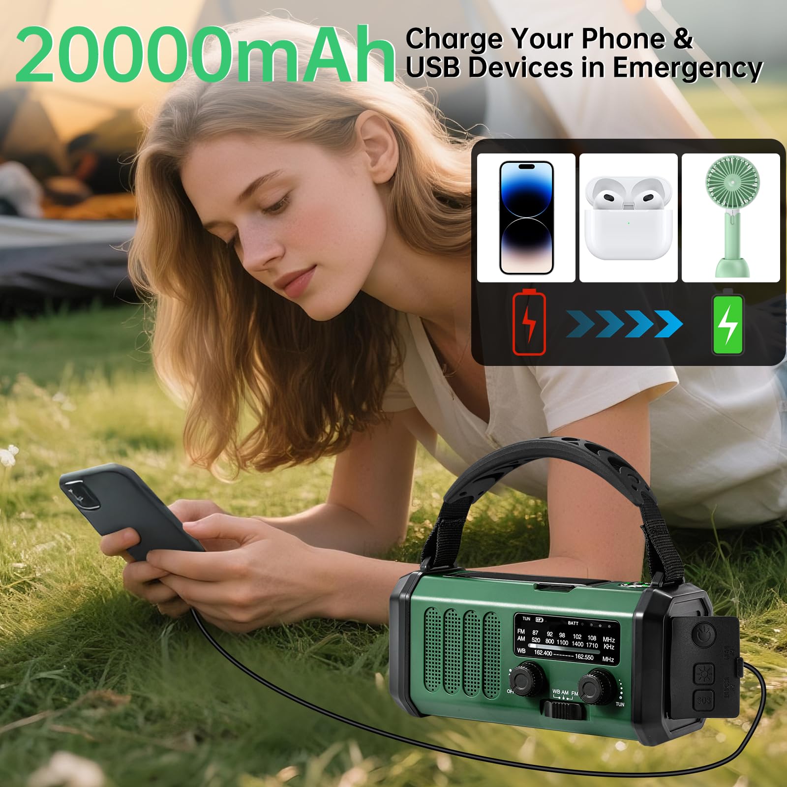 Tftdoup Emergency Radio Hand Crank Solar, Am/Fm/Noaa Weather Radio Built-In 20000Mah Battery Powered,Type-C Charger,Flashlight,