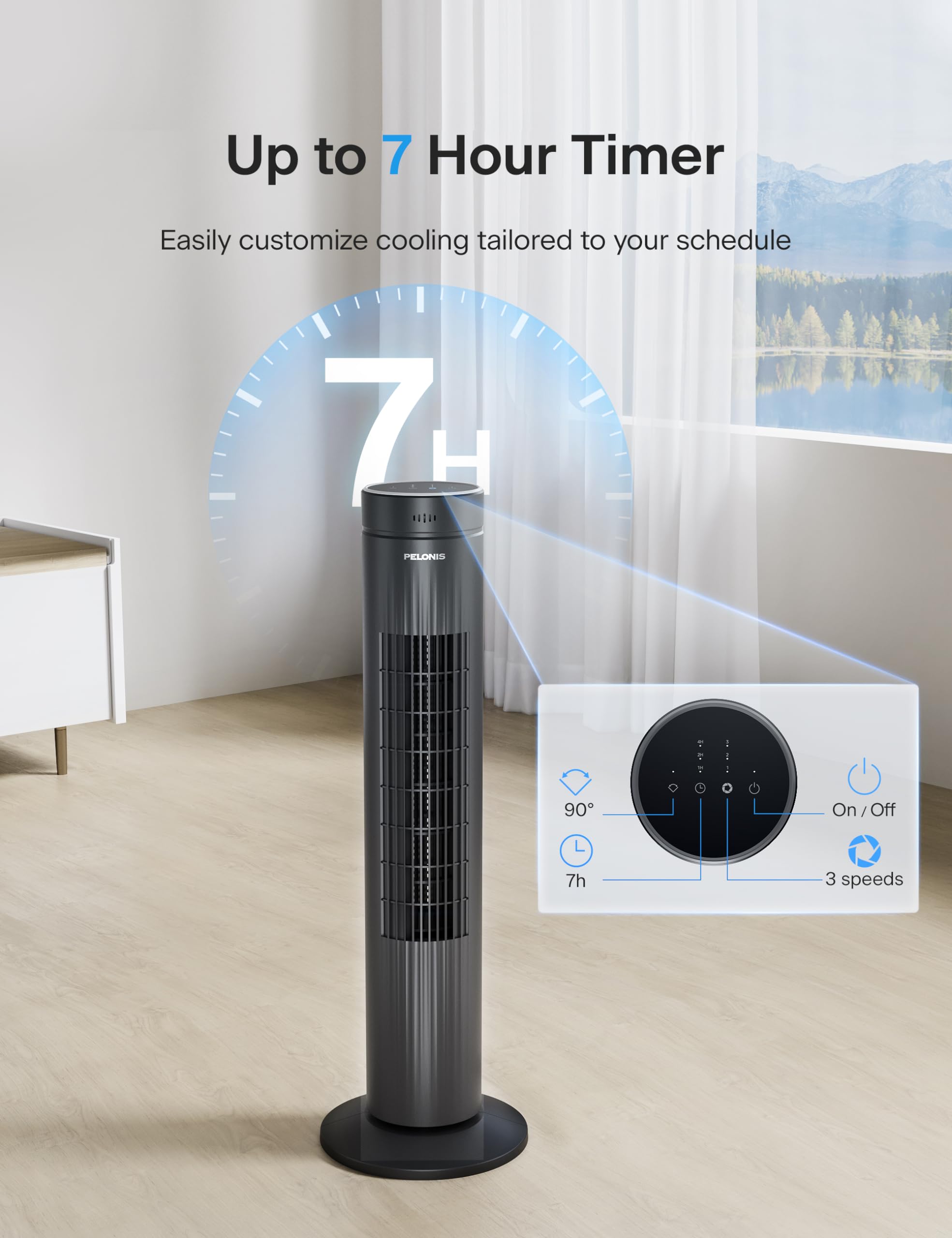 Pelonis 30 Inch Oscillating Tower Fan For Bedroom   3 Speed, 37Db Quiet Tower Fan With Remote Control And 7 Hour Timer   Etl Cer