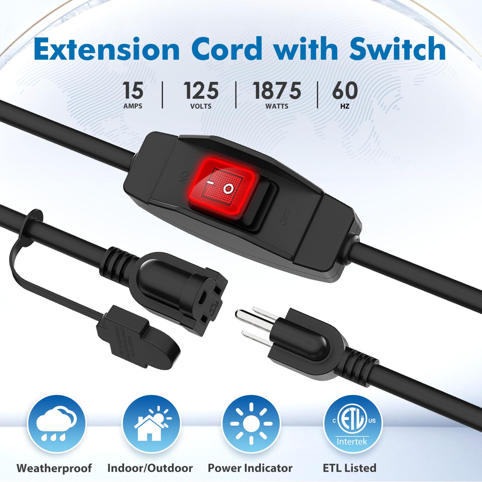 Kasonic 1.5 Ft Extension Cord With Switch, 14/3 Awg Gauge 1875W/15A Grounded Outlets 3 Prong Plugs With Safety Cover, Heavy Duty