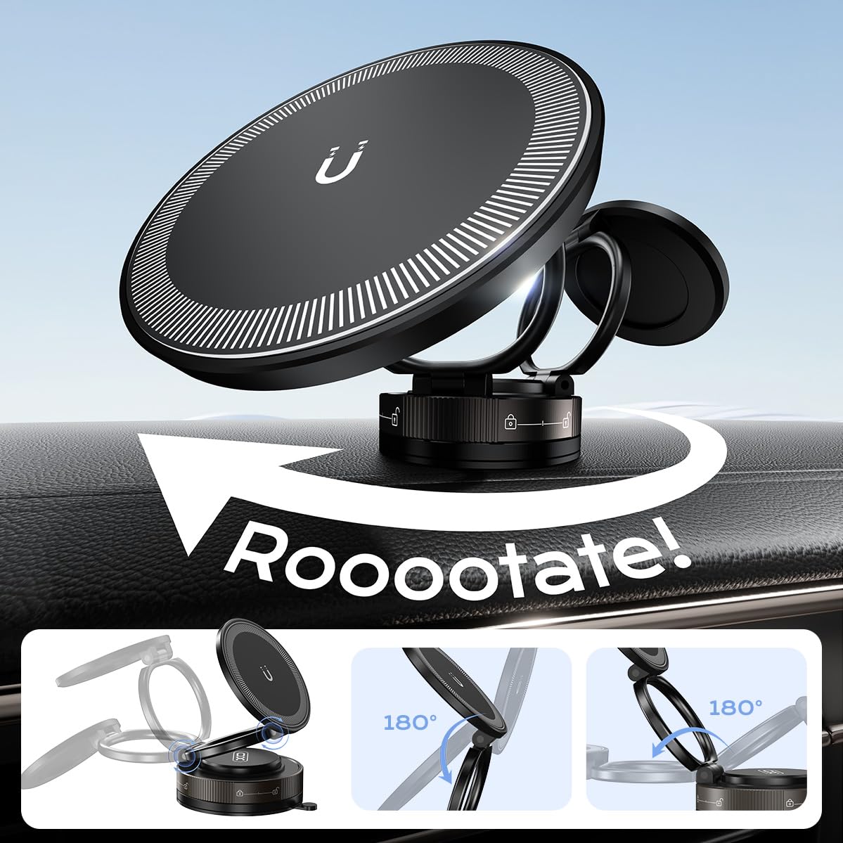 Vacuum Suction Car Phone Holder, 360Rotation Adjustable Magnetic Cellphone Mount Foldable Car Phone Stand Strong Suction Cup Pho