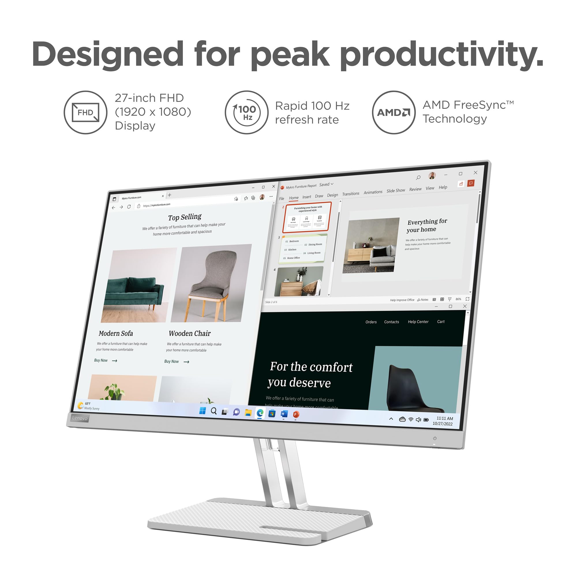 Lenovo L27E-40 Monitor, 27    Display, Full Hd Resolution, 300 Nits Brightness, 100Hz Refresh Rate, Amd Freesync, Hdmi 1.4 And V