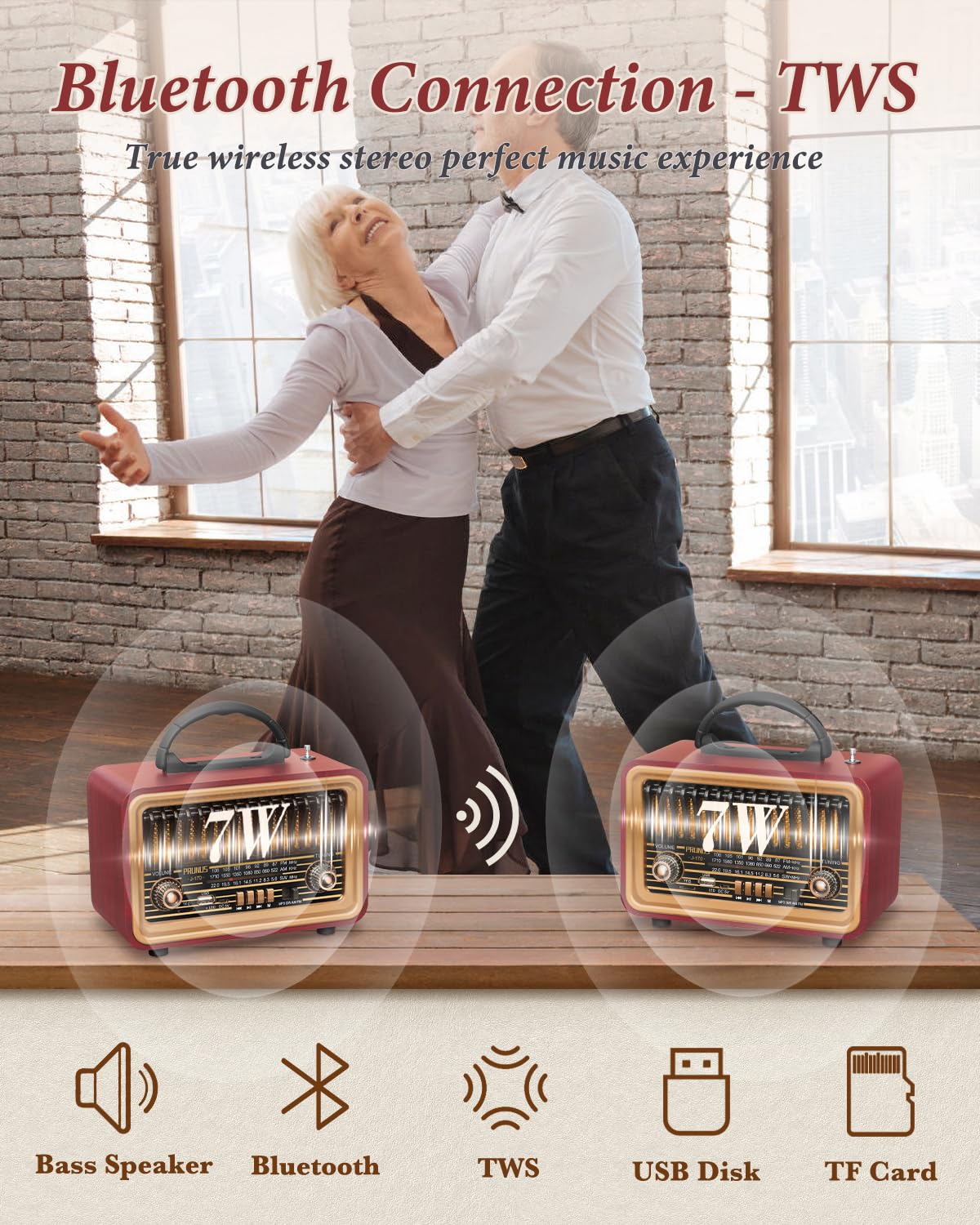 Prunus Retro Vintage Radio With Bluetooth Rich Bass Stereo Sound, Radios Portable Am Fm, Rechargeable Speaker With Tws Pairing, Loud Volume,Bt5.0, Tf Card & Mp3 Player For Home/Party