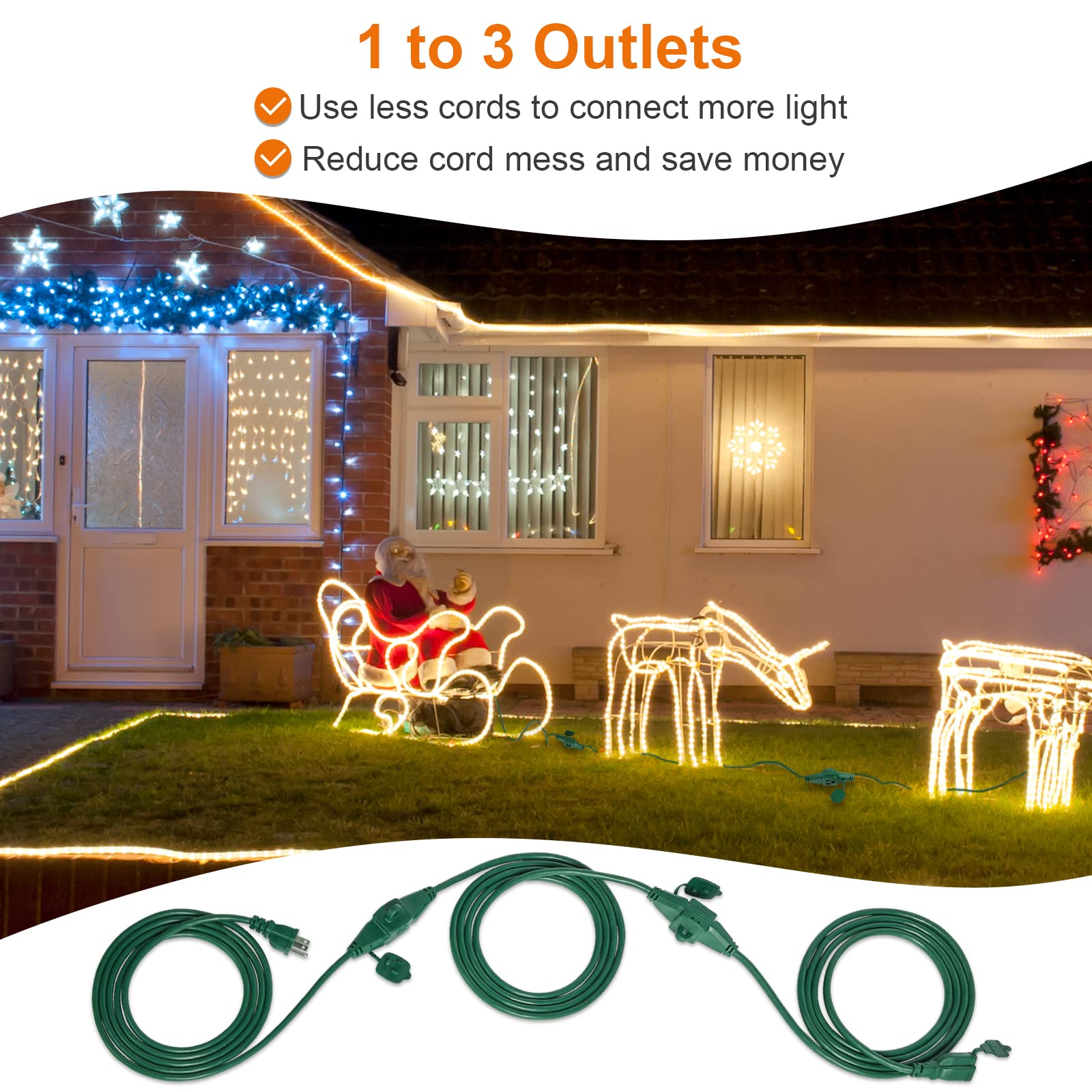 Suraielec 25 Ft Outdoor Extension Cord With Multiple Outlets, 3 Outlet Multi Plug Power Cord, 16/3 Gauge Sjtw, Weatherproof For