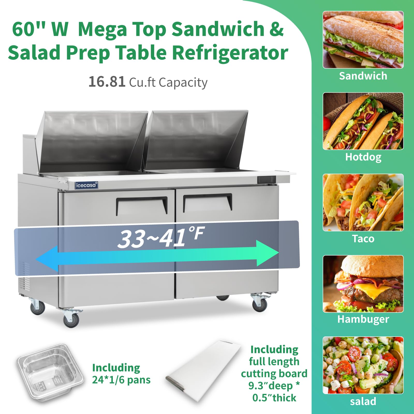 Icecasa 60'' W Commercial Refrigerator Sandwich&Salad Prep Table Mega Top 2 Door Stainless Steel Counter Fan Cooling Refrigerato