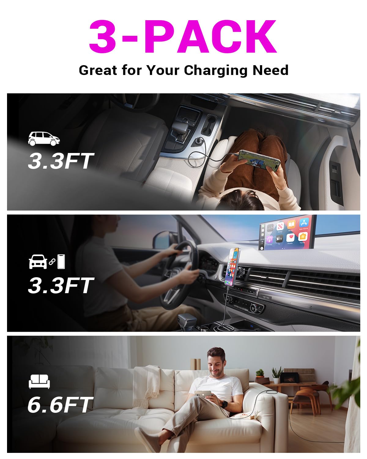 Lisen Usb A To Usb C Cable, 3 Pack [3.3+3.3+6.6Ft] Usbc To Usb, 3.2A C Chargers Fast Charging For Iphone 16 15 Charger Cord, Sam