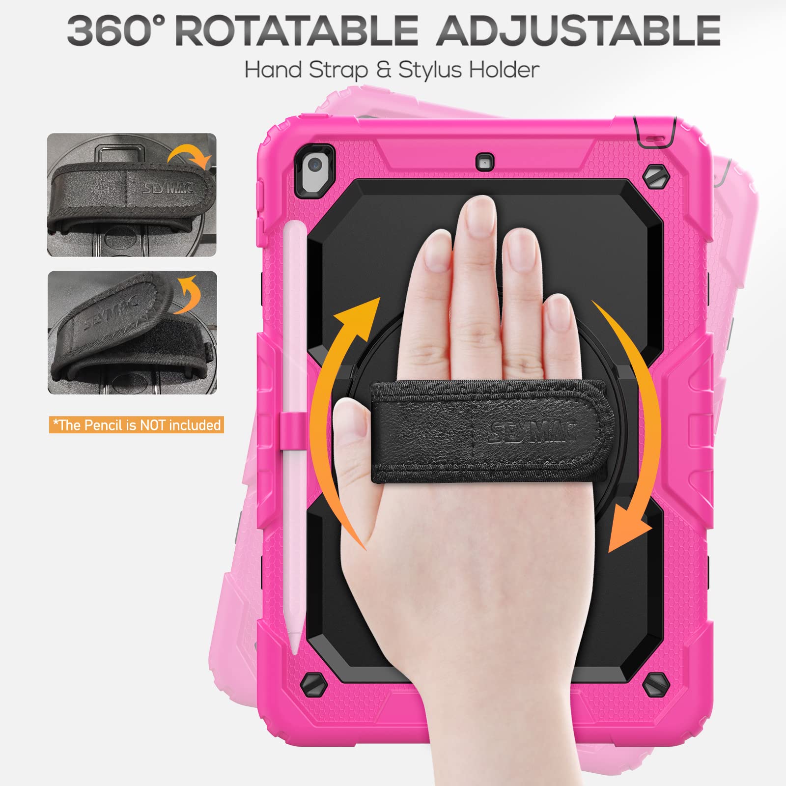 Seymac Case For Ipad 9Th/8Th/7Th Generation Case 10.2' 2021 2019, Full Body Shockproof Heavy Duty Protective Case With Screen Protector, Rotating Stand/Handle/Shoulder Strap For Ipad 10.2, Pink