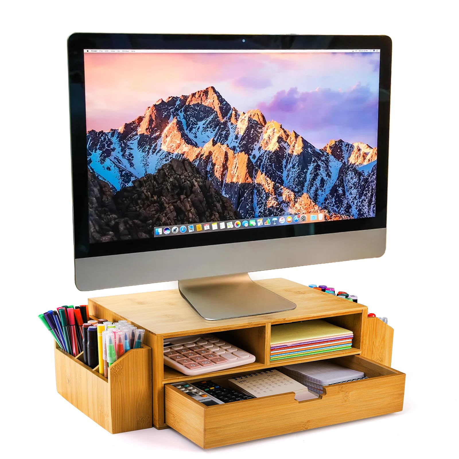 Hiceeden 2 Tier Bamboo Desktop Organizer, Desk Monitor Stand Riser with 1 Drawer and 2 Pen Holder, 2 Compartment Computer Desk S