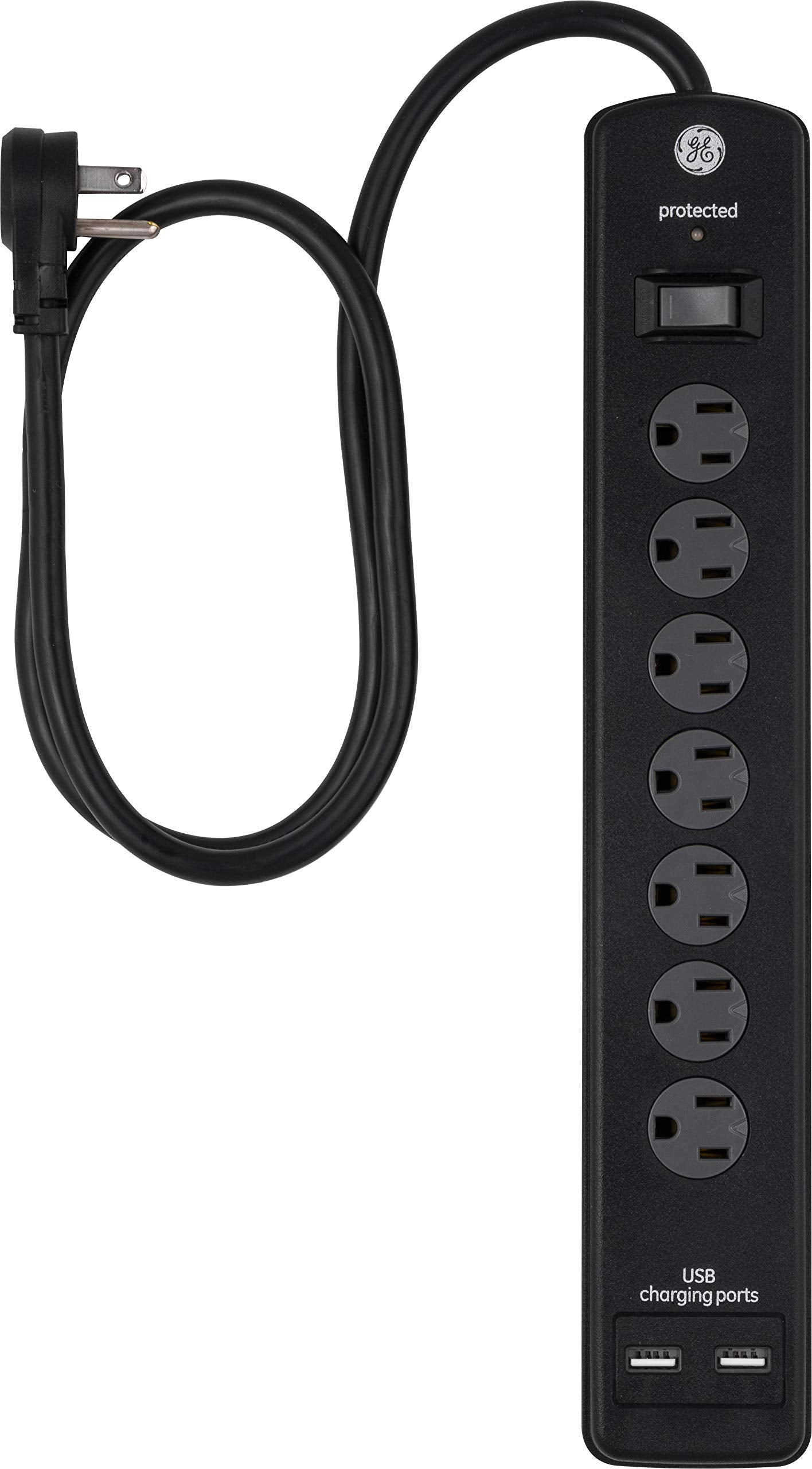 Ge Pro 7 Outlet Surge Protector, 2 Usb Ports, 3 Ft Power Cord, 1300 Joules, Flat Plug, Twist To Close Safety Covers, Indicator L