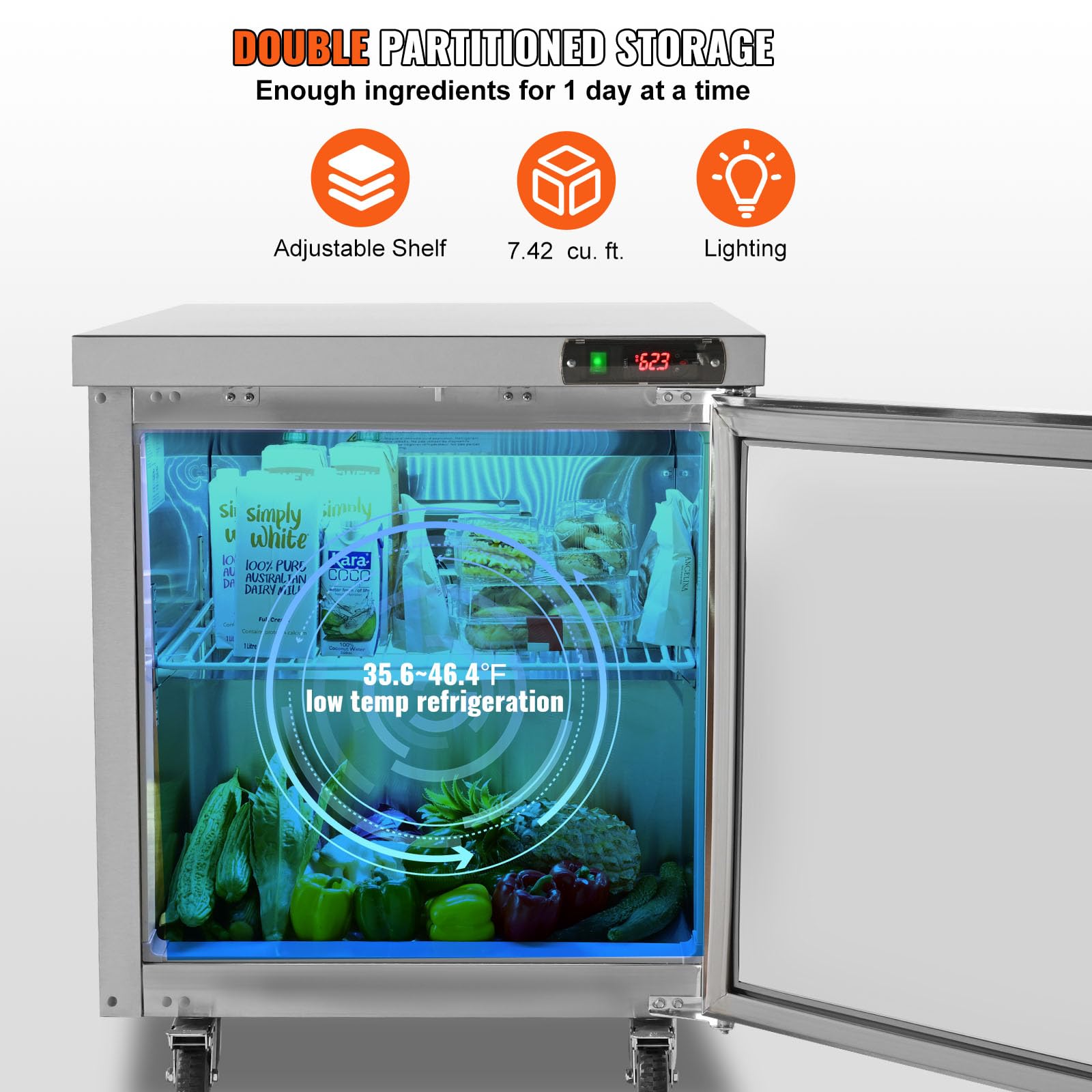 Vevor 28 W Commercial Refrigerator, Undercounter Worktop Refrigerator, 7.4 Cu. Ft Thick Stainless Steel Refrigerated Food Prep S