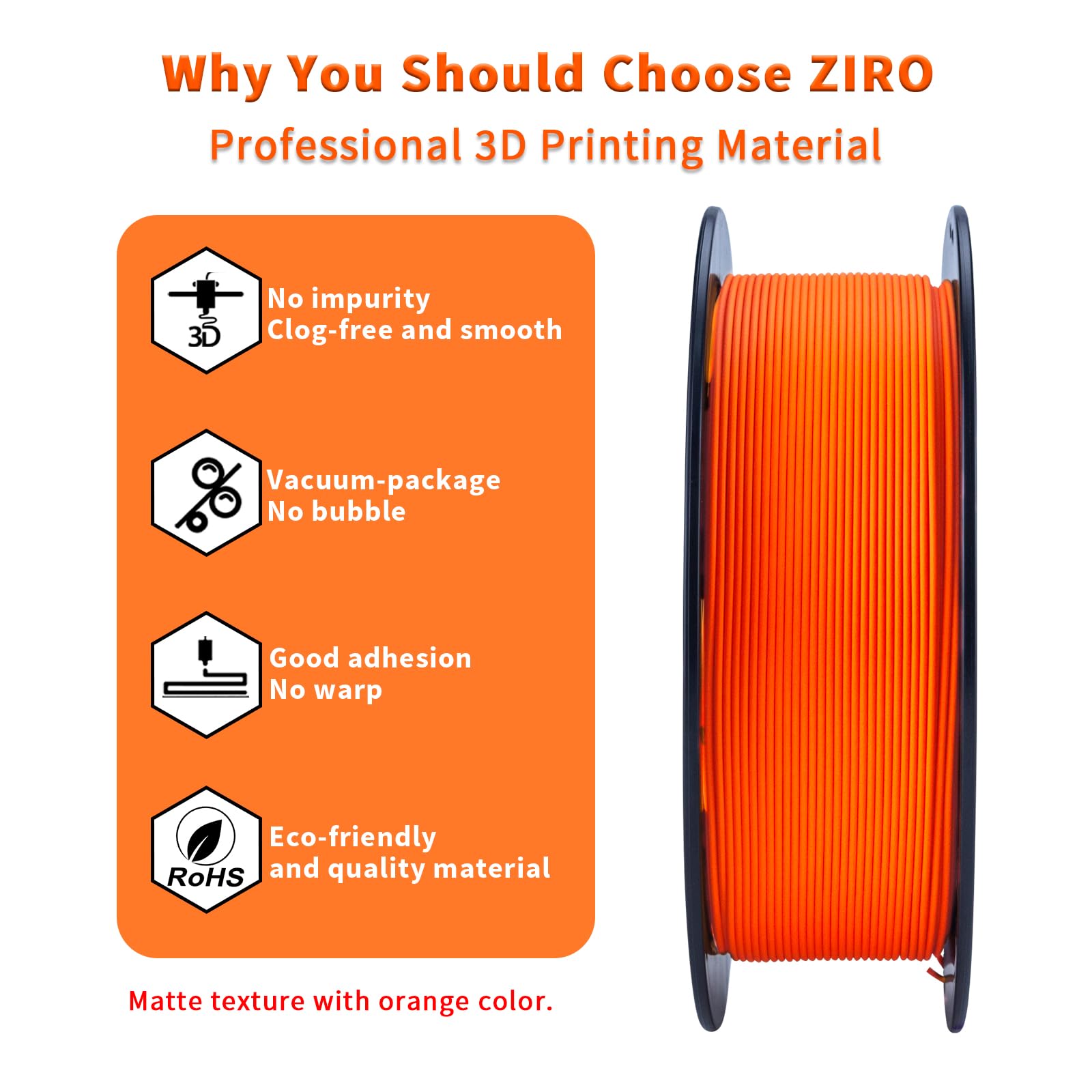 Ziro Matte Pla Filament 175Mm,1Kg 3D Printer Filament,High Toughness Pla,Dimensional Accuracy +  003Mm,Matte Pla Orange