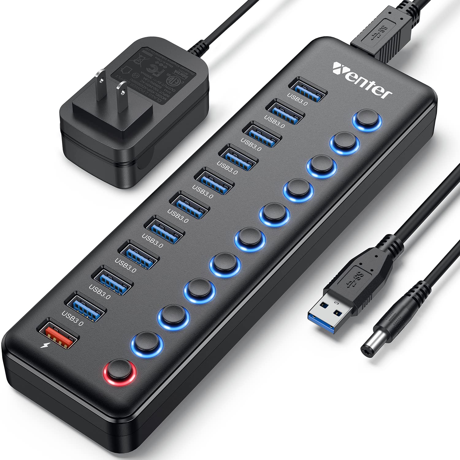 Powered Usb Hub, Wenter 11 Port Usb Splitter Hub (10 Faster Data Transfer Ports+ 1 Smart Charging Port) With Individual Led On/Off Switches, Usb Hub 3.0 Powered With Power Adapter For Mac, Pc