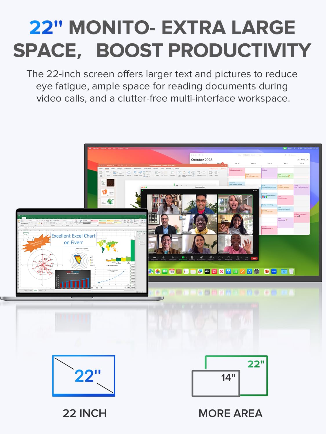 Uperfect 22'' 2K Portable Monitor W/Vesa & 180Adjustable Stand, 2560 * 1440 Qhd Freesync Ips Hdr Large Gaming Display, Usb C Hdm