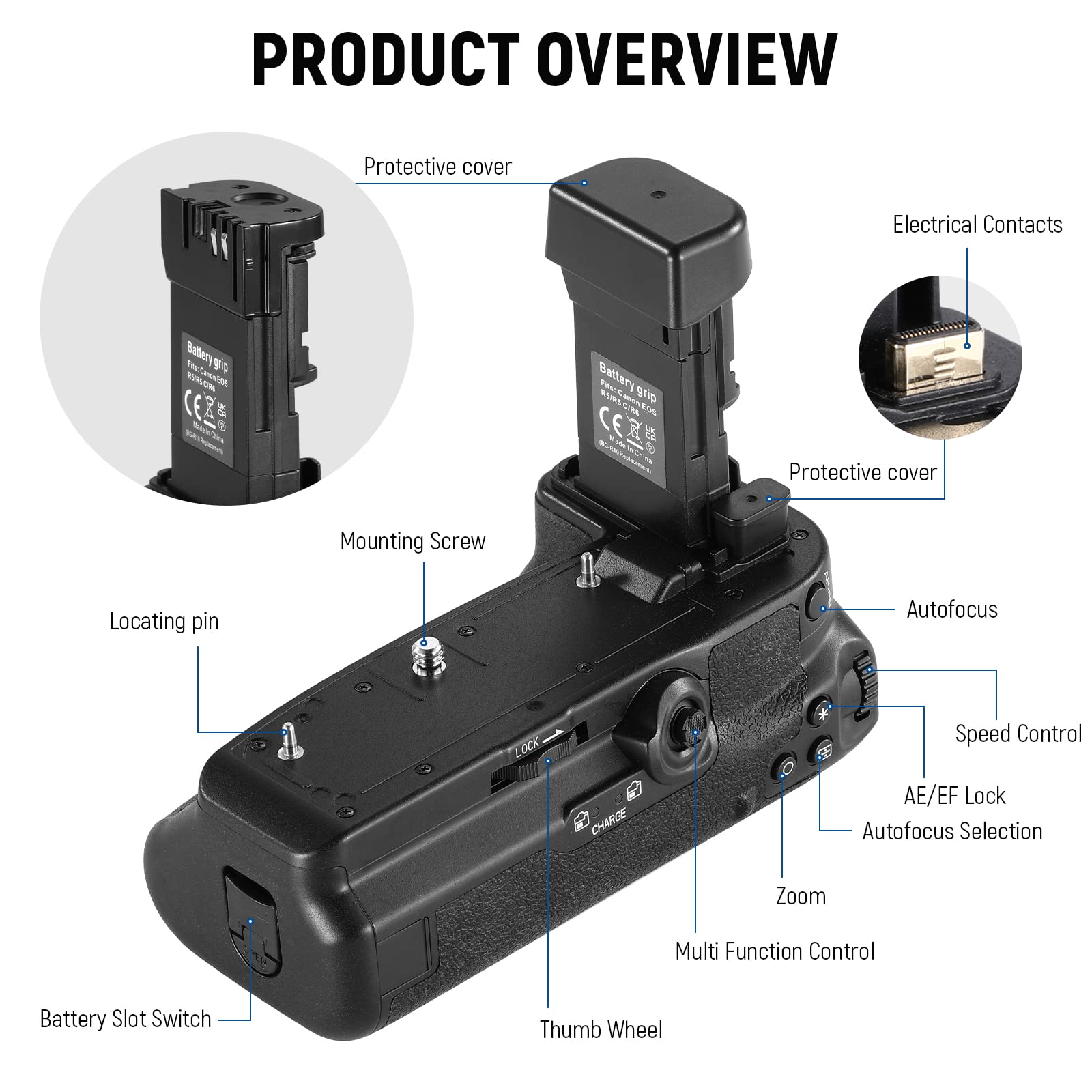 Neewer Battery Grip Replacement For Bg R10 Compatible With Canon Eos R5 R5C R6 R6 Mark Ii Mirrorless Cameras, Powered By Lp E6/L
