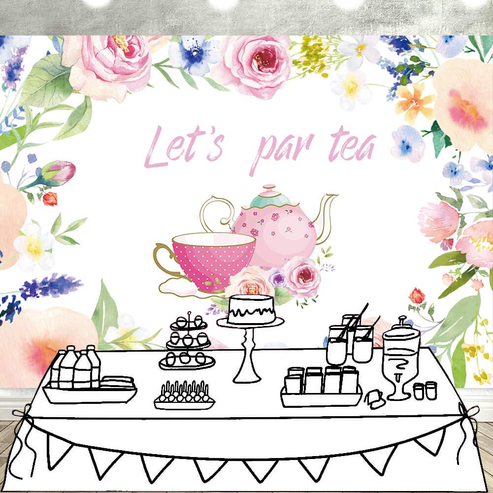 Let'S Par Tea Photography Backdrop 5X3Ft Tea Time Photo Background Teapot Teacups High Tea Theme Bridal Shower Engagement Bachelorette Baby Shower Party Supplies Photo Studio Props Decorations Banner