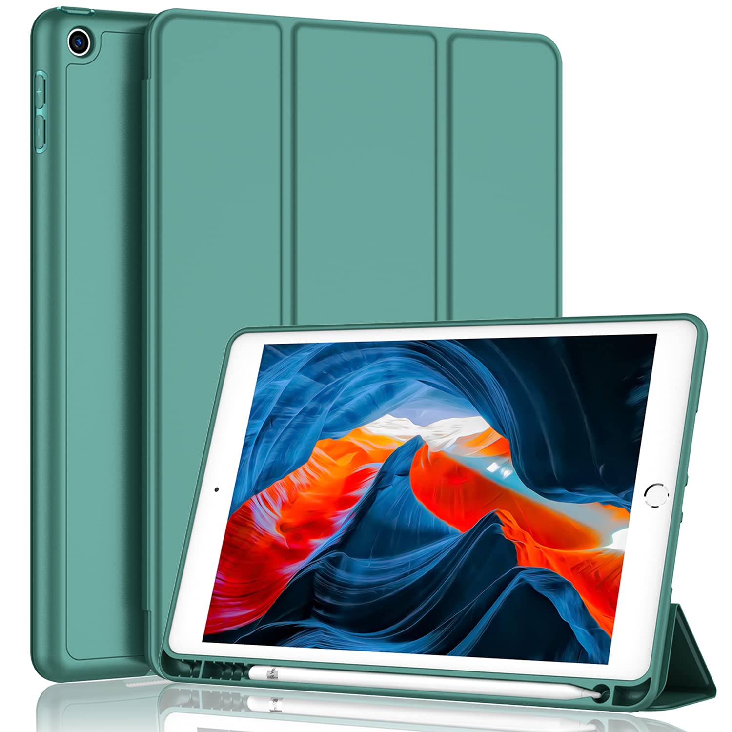 Imieet Ipad 9Th Generation Case 2021/Ipad 8Th Generation Case 2020 10.2 Inch With Pencil Holder, Ipad 7Th Gen 2019 Case With Soft Baby Skin Silicone Back, Auto Wake/Sleep Cover (Midnight Green)