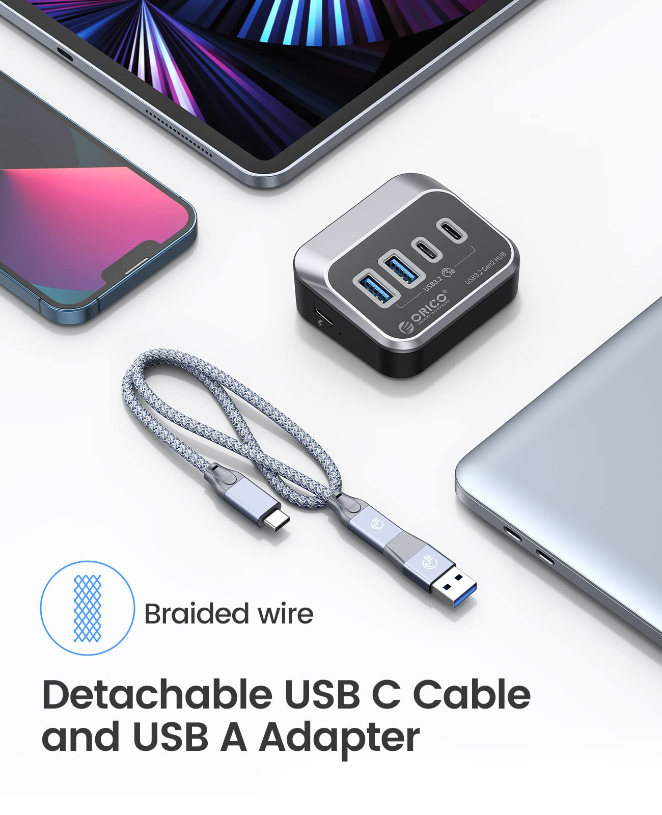 ORICO USB Hub 10Gbps with 2 USB A Ports+2 USB C Ports, USB 3.2 Gen 2 Hub with 1.64Ft USB C Cable and USB A Adapter USB Splitter for iMac, All MacBooks, Mac Mini