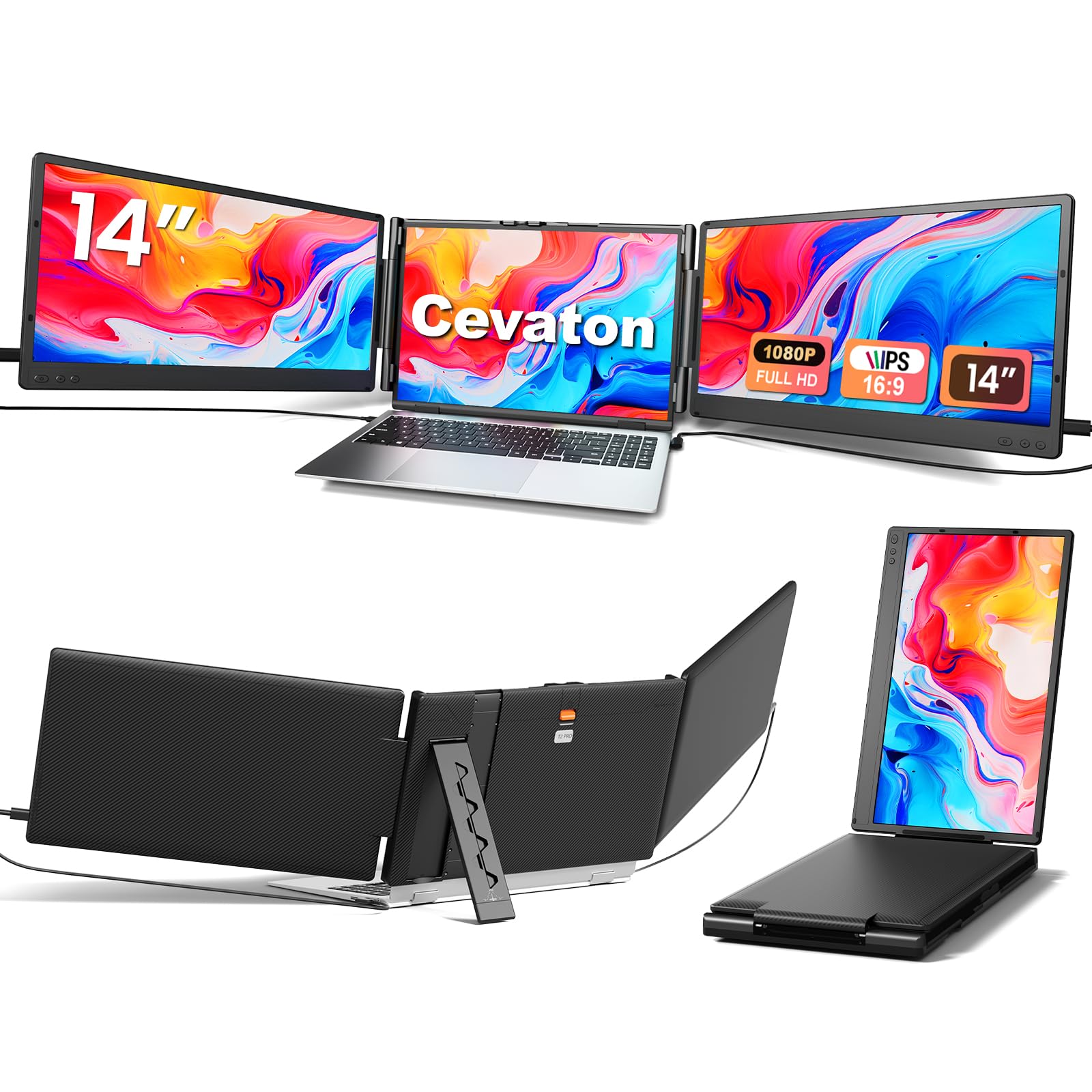Cevaton Laptop Screen Extender, 14 FHD 1080P Triple Portable Monitor, Plug & Play Screen Extender, Auto Adjust Width Dual Monito