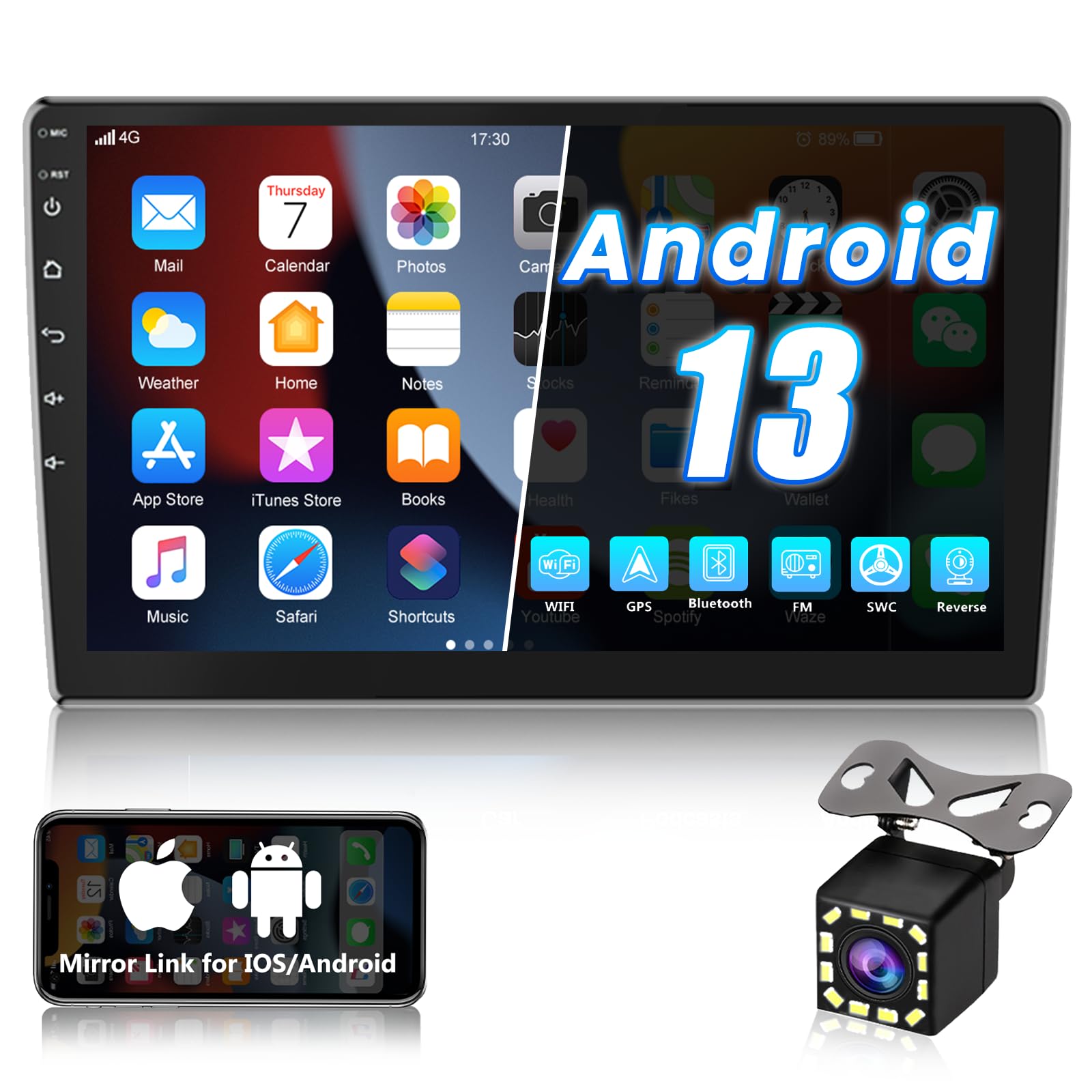 Android 13 Car Radio 10 Inch Touch Screen Gps Sat Navi Stereo Player Amprime 2 Din Bluetooth Wifi Fm Receiver Mobile Phone Mirror Link Dual Usb + Backup Camera