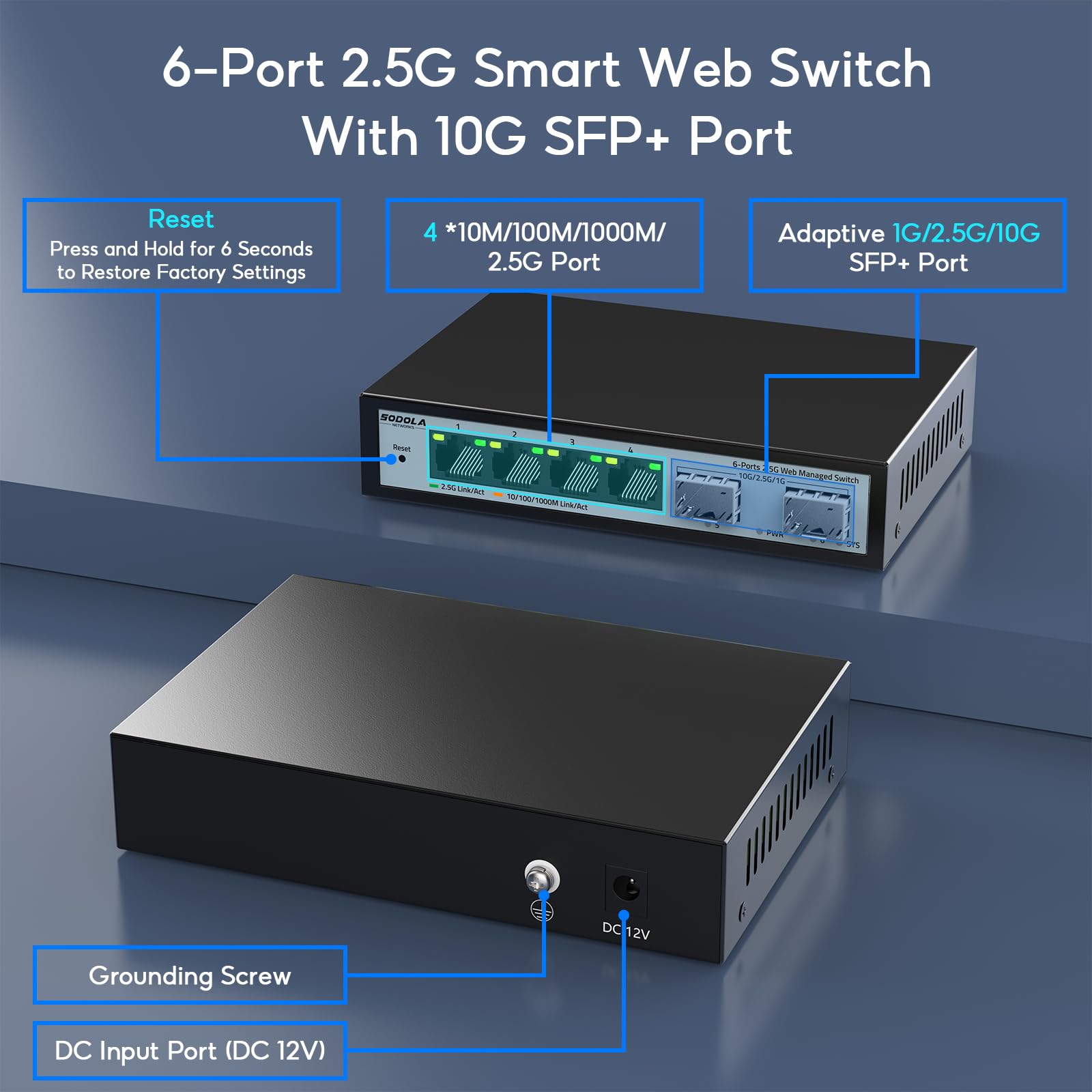 Sodola 6 Port 2.5G Easy Web Managed Switch, 4 X 2.5G Base T Ports, 2 X 10G Sfp+, Static Aggregation,Qos/Vlan/Igmp, 2.5Gb Network