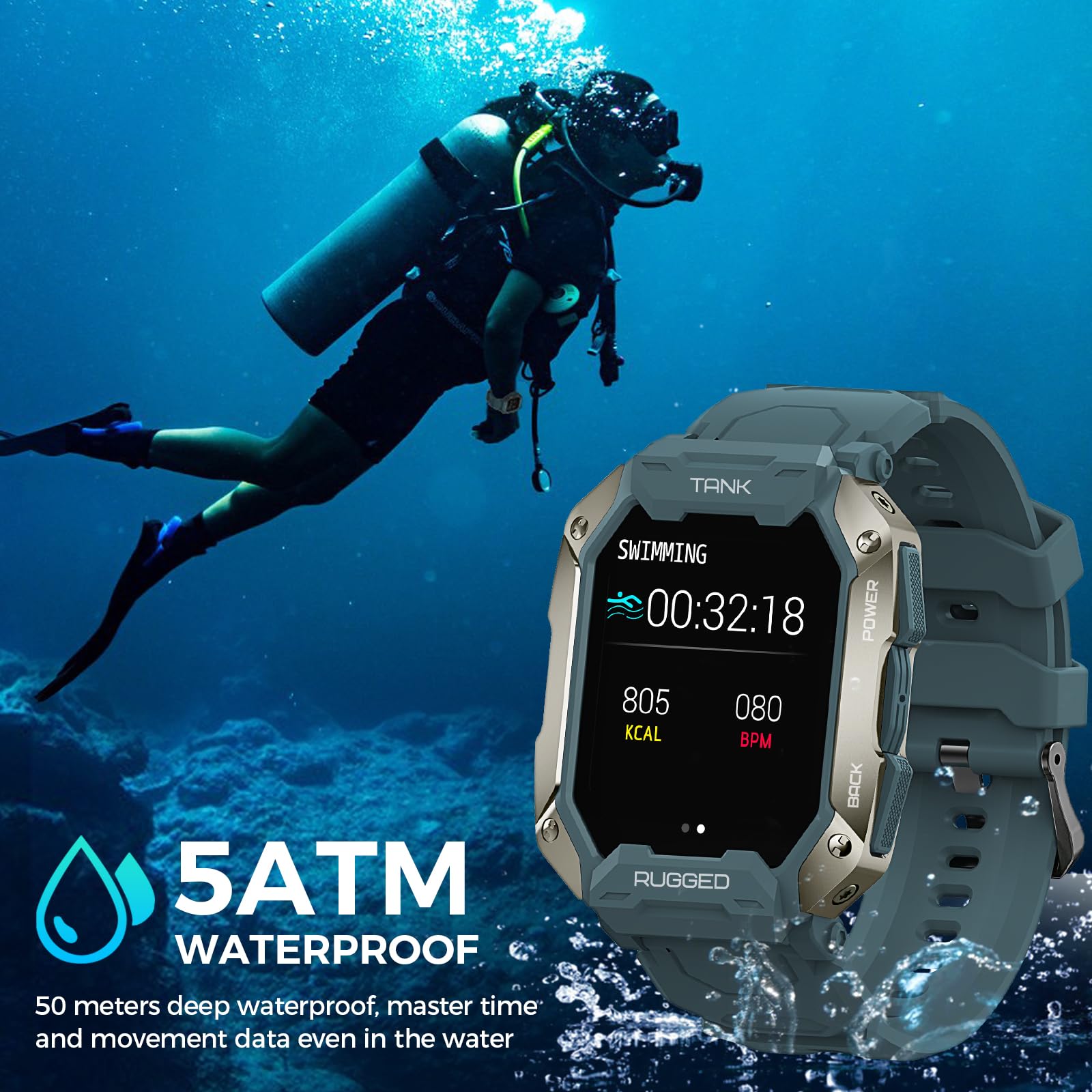 Amaztim Smart Watches For Men,50M Waterproof Rugged Military Grade Bluetooth Call(Answer/Dial Calls),Health Tracker For Android