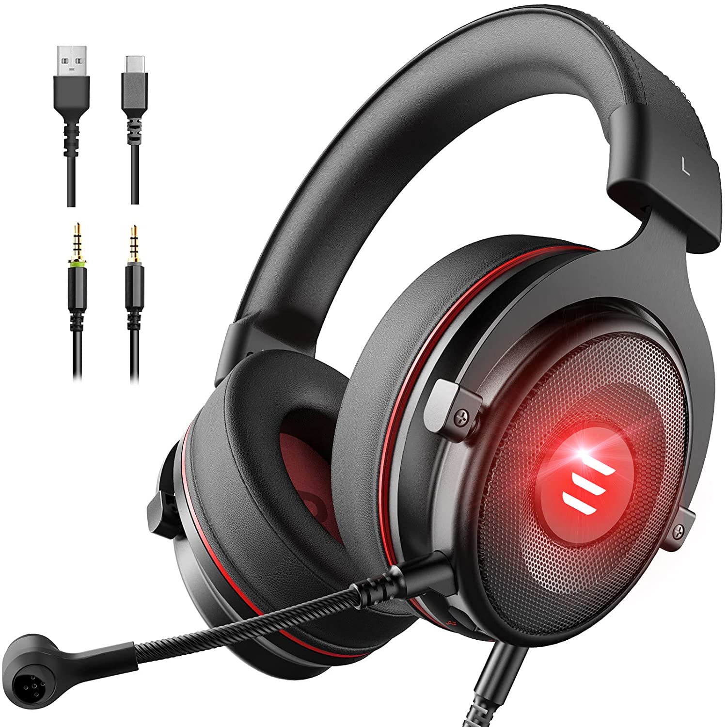 Eksa E900 Pro Black Gaming Wired Over Ear Headphones With Virtual 7.1 Surround Sound, Noise Cancelling With Mic & Led, Compatibl