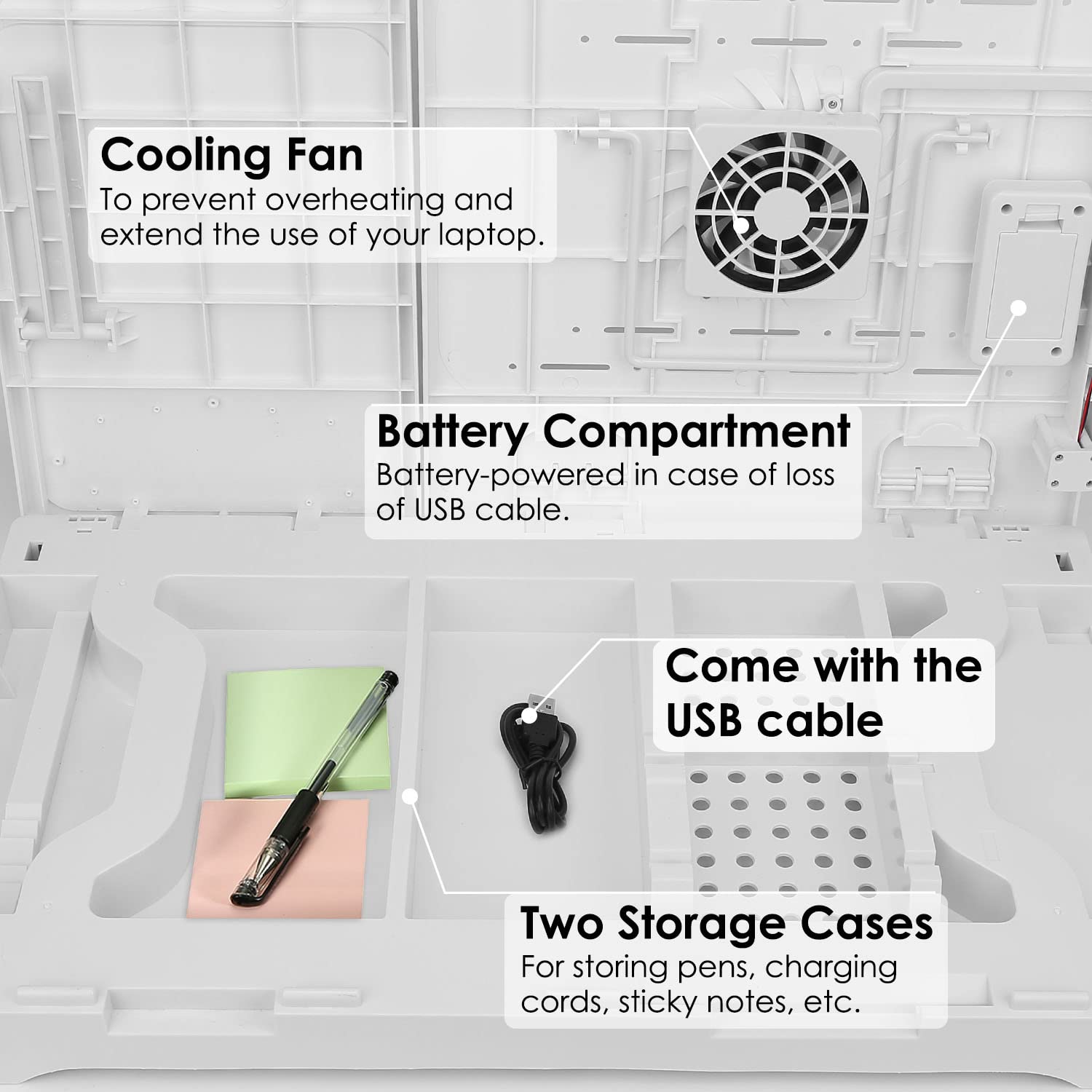 Laptop Desk For Bed,Adjustable Laptop Stand Foldable Bed Table Portable Lap Desk Folding Notebook Stand Reading And Writing Tray With 4 Usb Port And Cooling Fan For Bed Couch Sofa Floor (White)