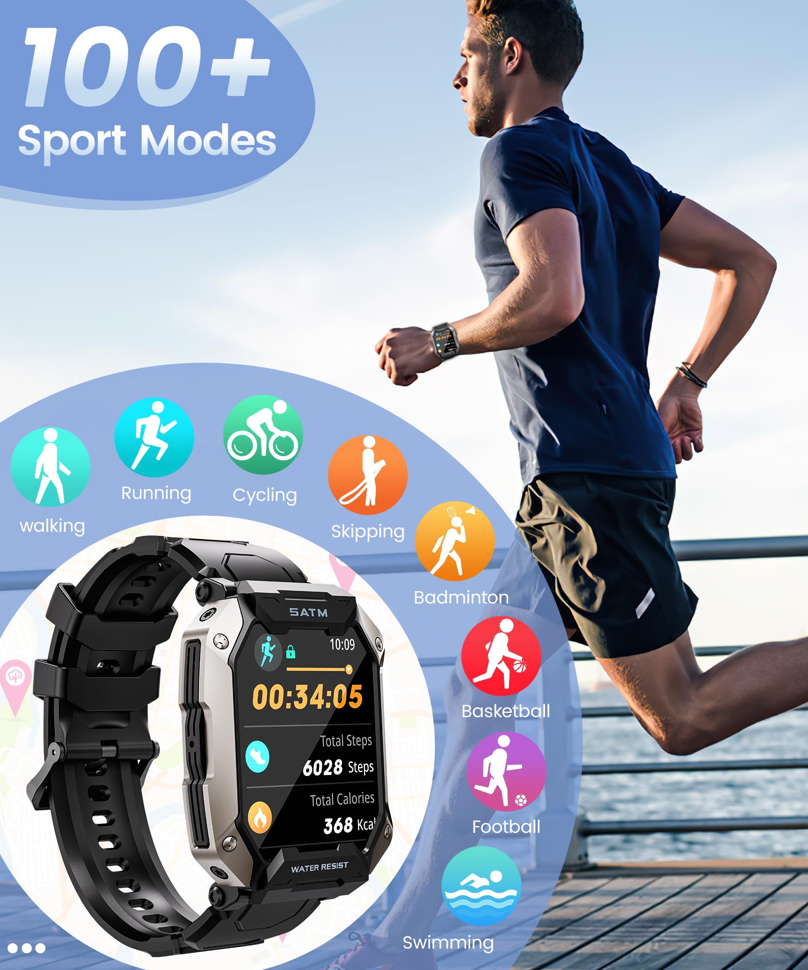 Smart Watches For Men   2.01'' Hd Display, 80 Days Long Battery, Ip68 Waterproof, Bluetooth Call, 100 Sport Modes Fitness Tracke