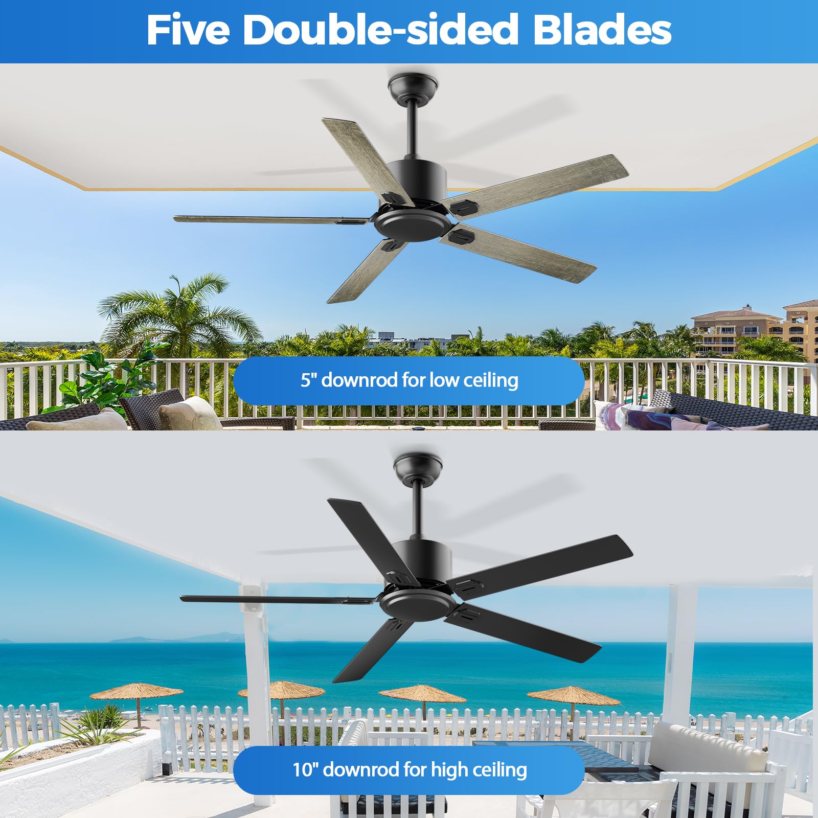 Alescu 60 Inch Outdoor Ceiling Fan No Light   Modern Flush Mount Low Profile Dc Motor Fan With App And Remote Control, 5 Blades