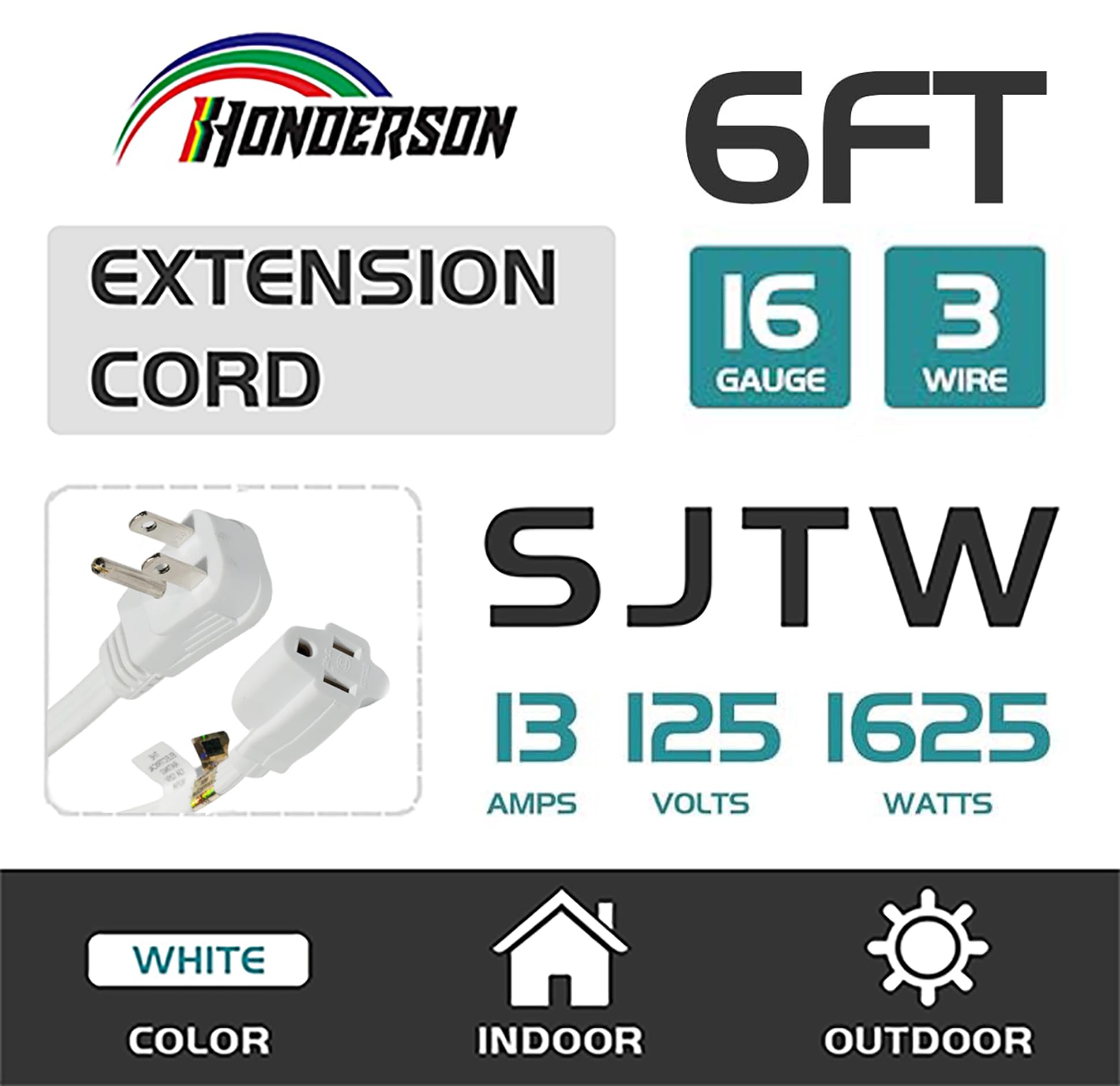Honderson Flat Plug Extension Cord, Ul Listed, Indoor Extension Cord 16 Gauge 6Ft White, 16/3 Spt 3 13A 3 Prong Grounded Power C