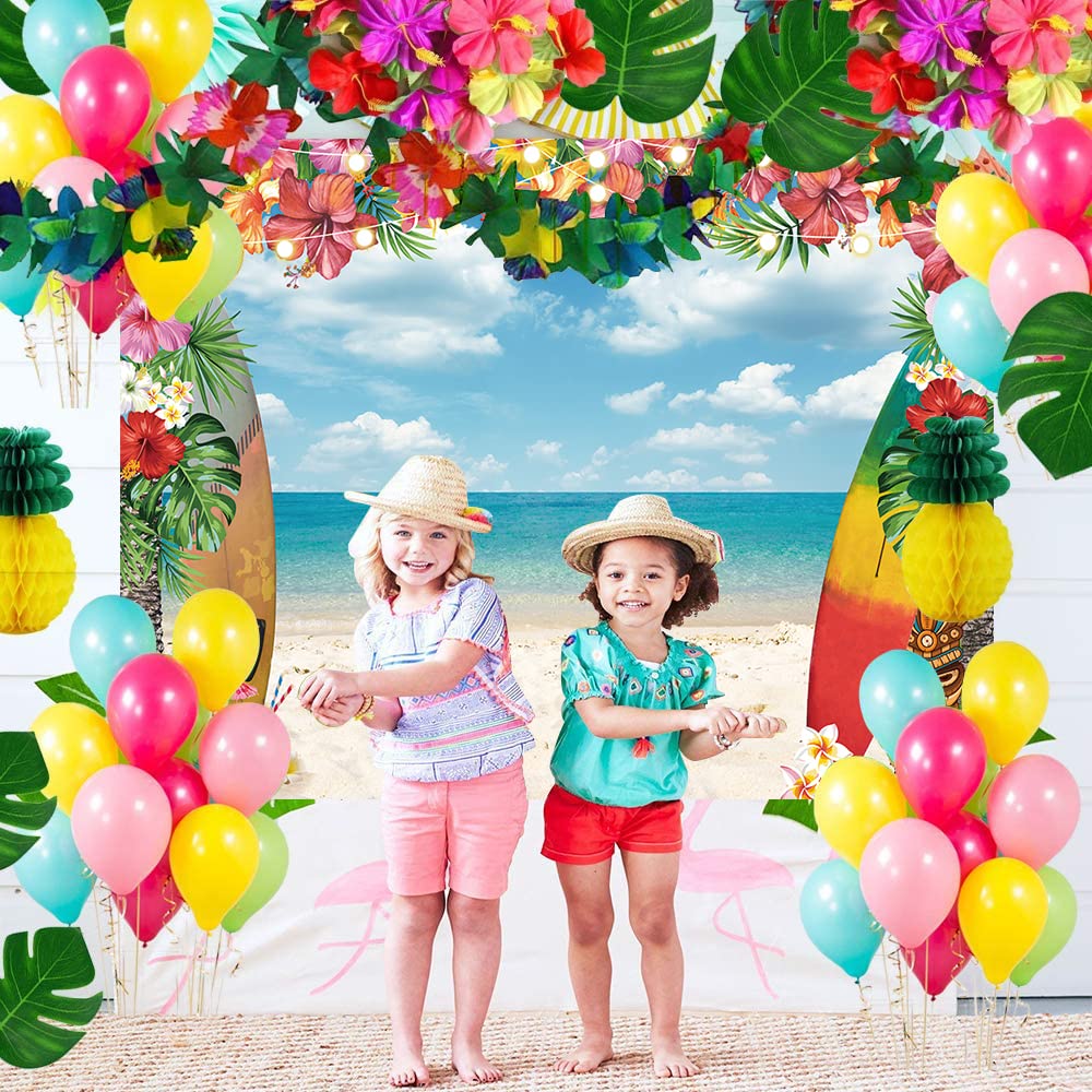 Summer Hawaiian Beach Backdrop Sky Ocean Tropical Palm Flower Surfboard Glitter Photography Background Baby Shower Aldult Kids B