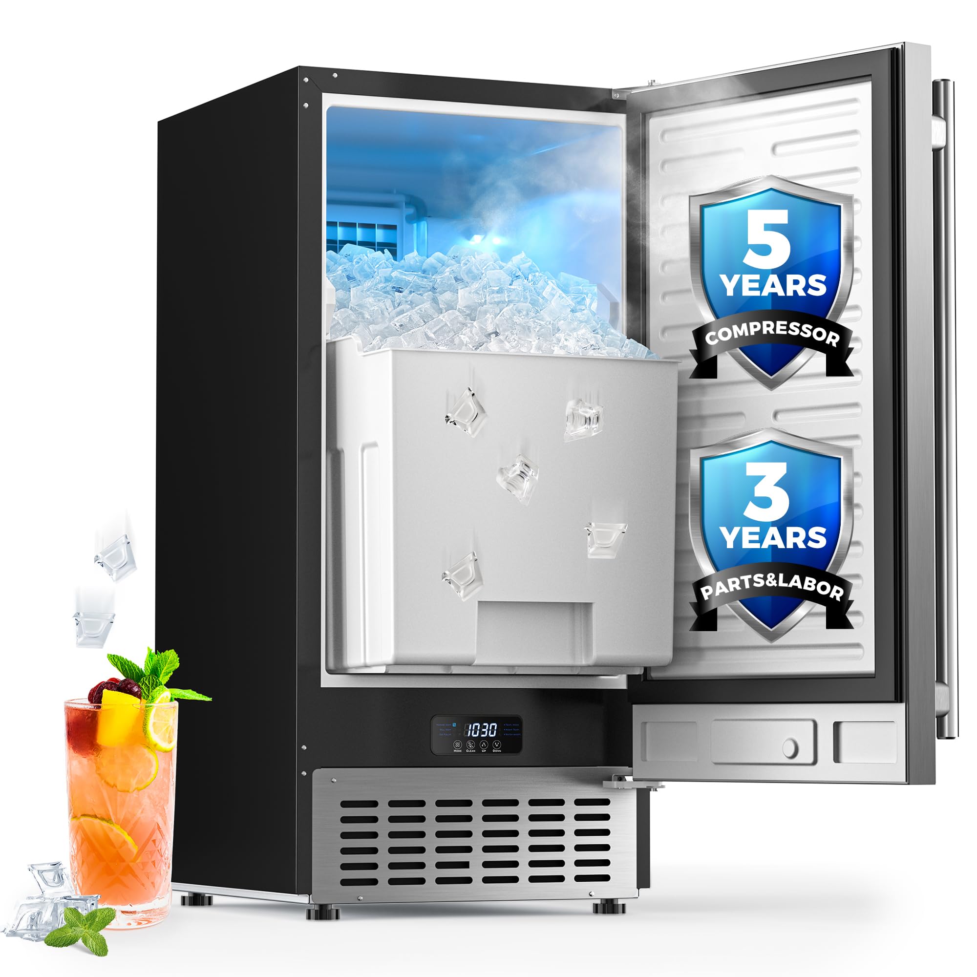 Coolski Commercial Under Counter Ice Maker Machine, 130Lbs/Day With 30Lbs Ice Storage, Stainless Steel Built-In Freestanding Ice