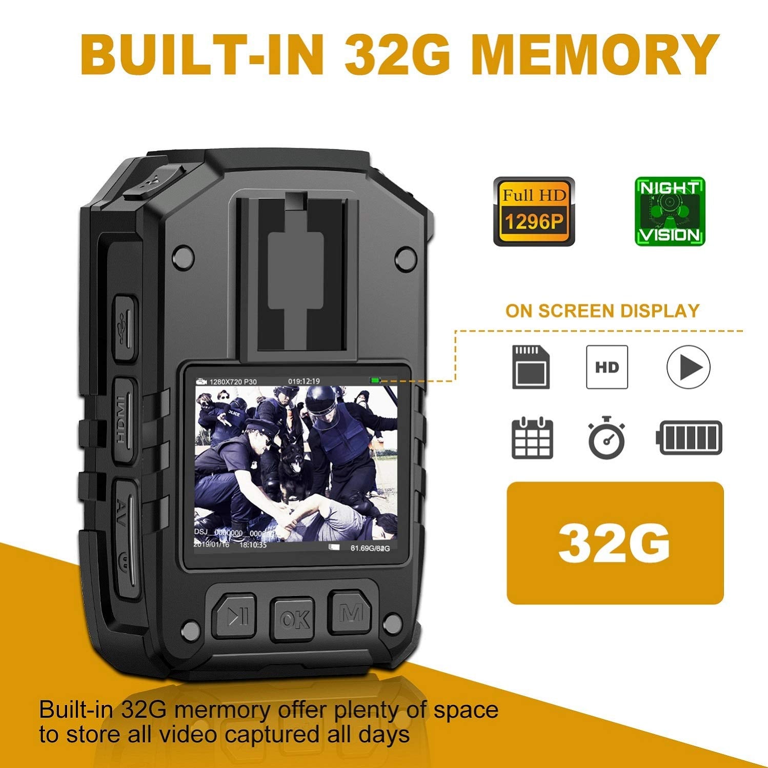 1296P Hd Police Body Camera,32G Memory,Cammpro I826 Premium Portable Body Camera,Waterproof Body Worn Camera With 2 Inch Display