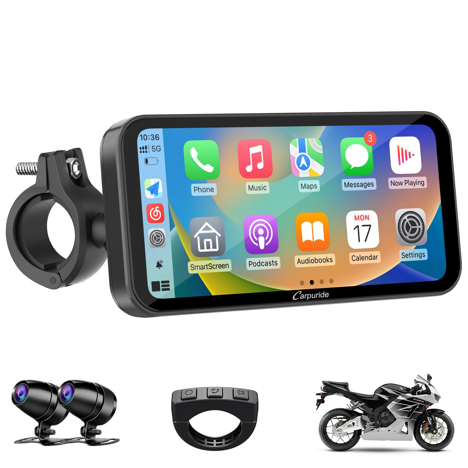 Carpuride W603D Motorcycle Gps Carplay Screen, Wireless Carplay & Android Auto For Moto, With Hd 1080P Dual Cameras, Remote Control,6.3' Waterproof Touchscreen, Bt Aduio, Loop Recording, Navigation