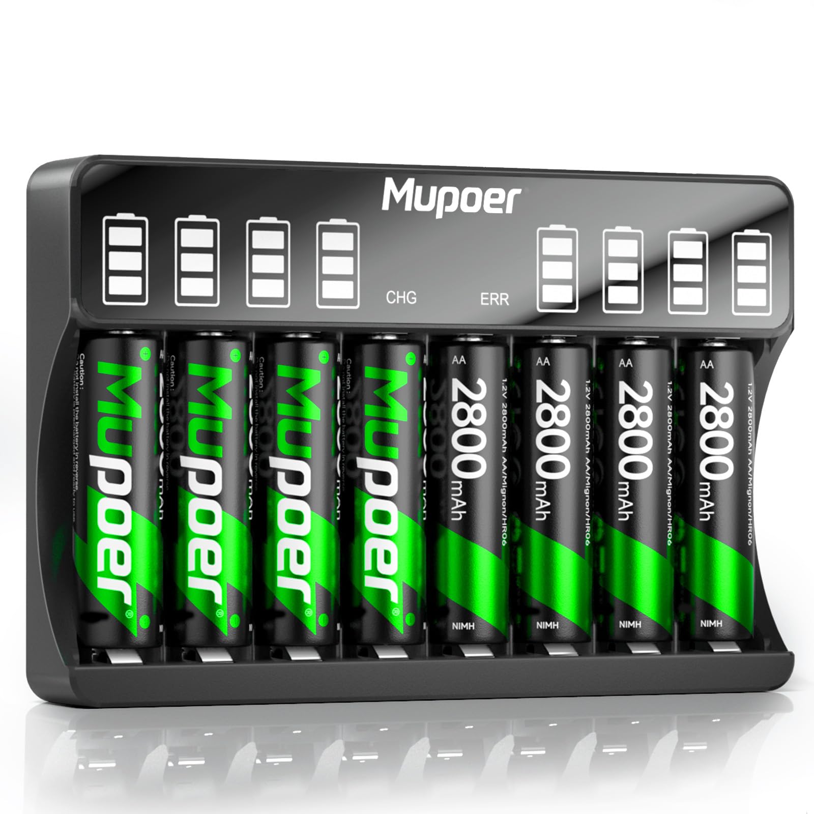 Mupoer Rechargeable Aa Batteries With Charger, 8 Pack Aa 2800Mah High Capacity Ni Mh Batteries With Real Lcd Screen Battery Char