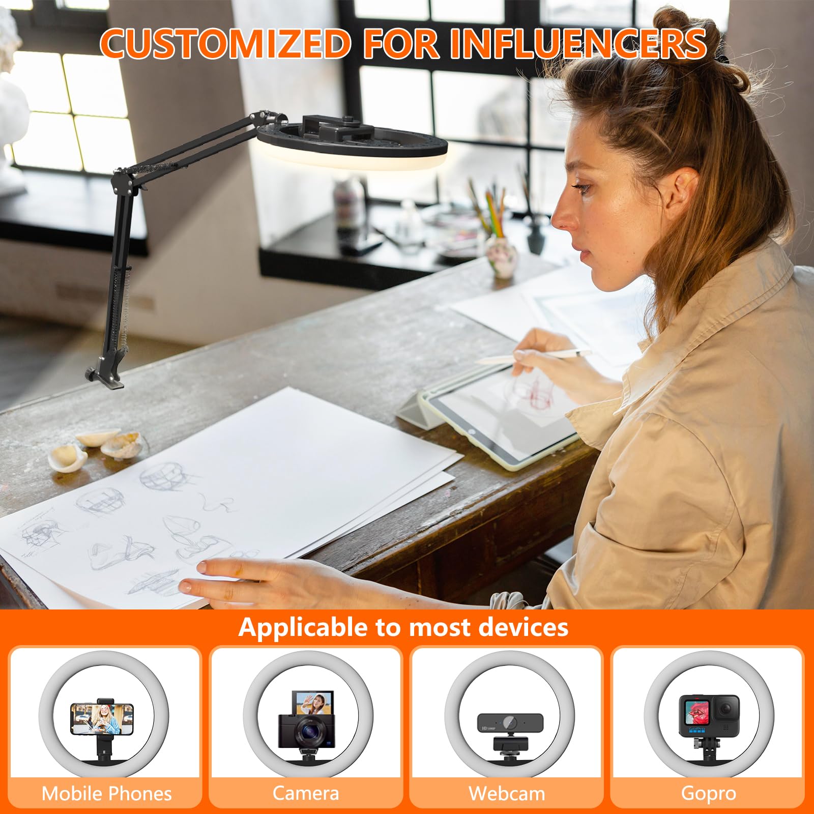 OldShark Overhead Phone Mount with 10’’ LED Ring Light, Tripod Stand & Holder for iPhone/Cameras - Ideal for Video Recording & Live Streaming