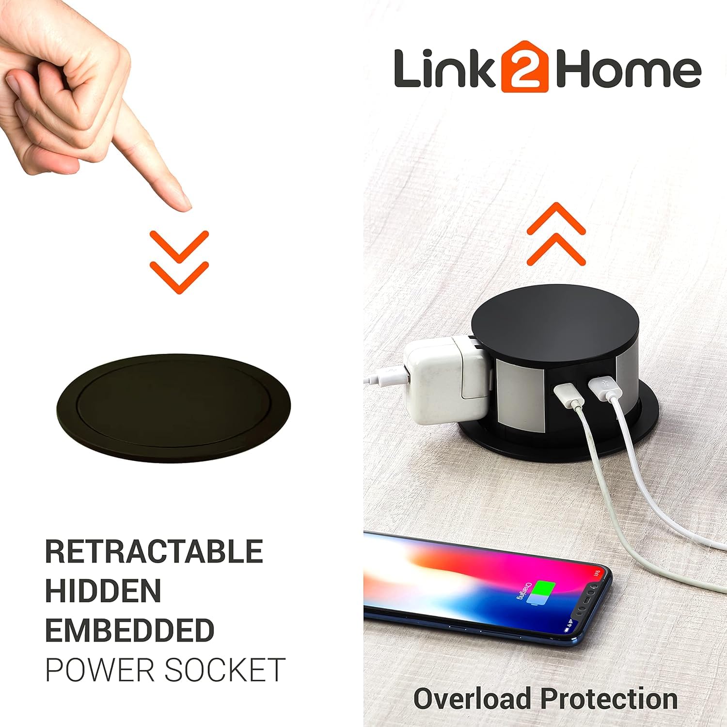 Link2Home 2 Pack Pop Up Outlet 10W Fast Induction Charger With Type C Usb, 3 Power Outlets 15A, 2 Usb Ports 3.0A, Splash Resista