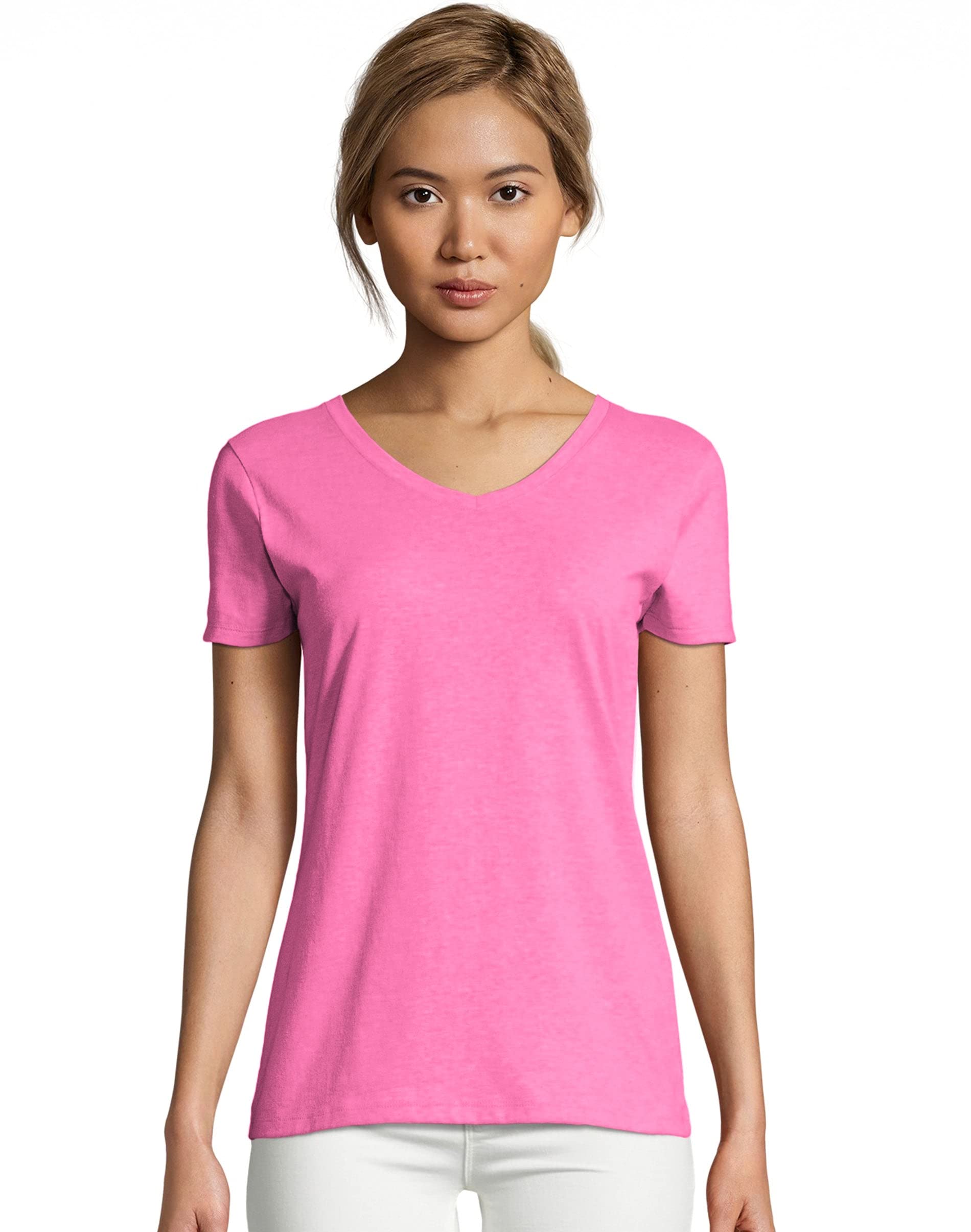 Hanes Womens X Temp V Neck Tee, Neon Pink Heather, Large