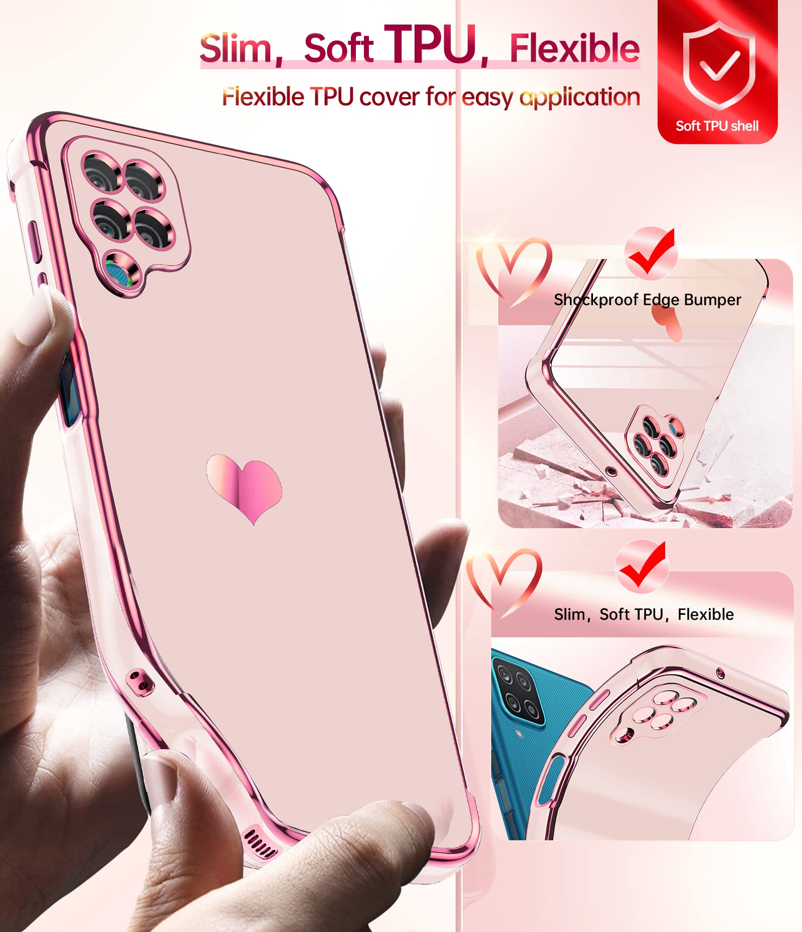 LeYi Samsung Galaxy A12 Phone Case Pink with Tempered Glass & Full Camera Lens Protection, Plating Love Heart Soft TPU
