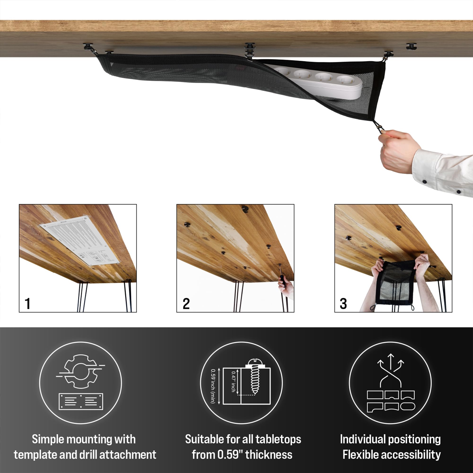 Ultimate Setup Cable Management Net - Under Desk Tray - Black - Model OL1067 - Fabric Cord Organizer for Tidy Workspaces