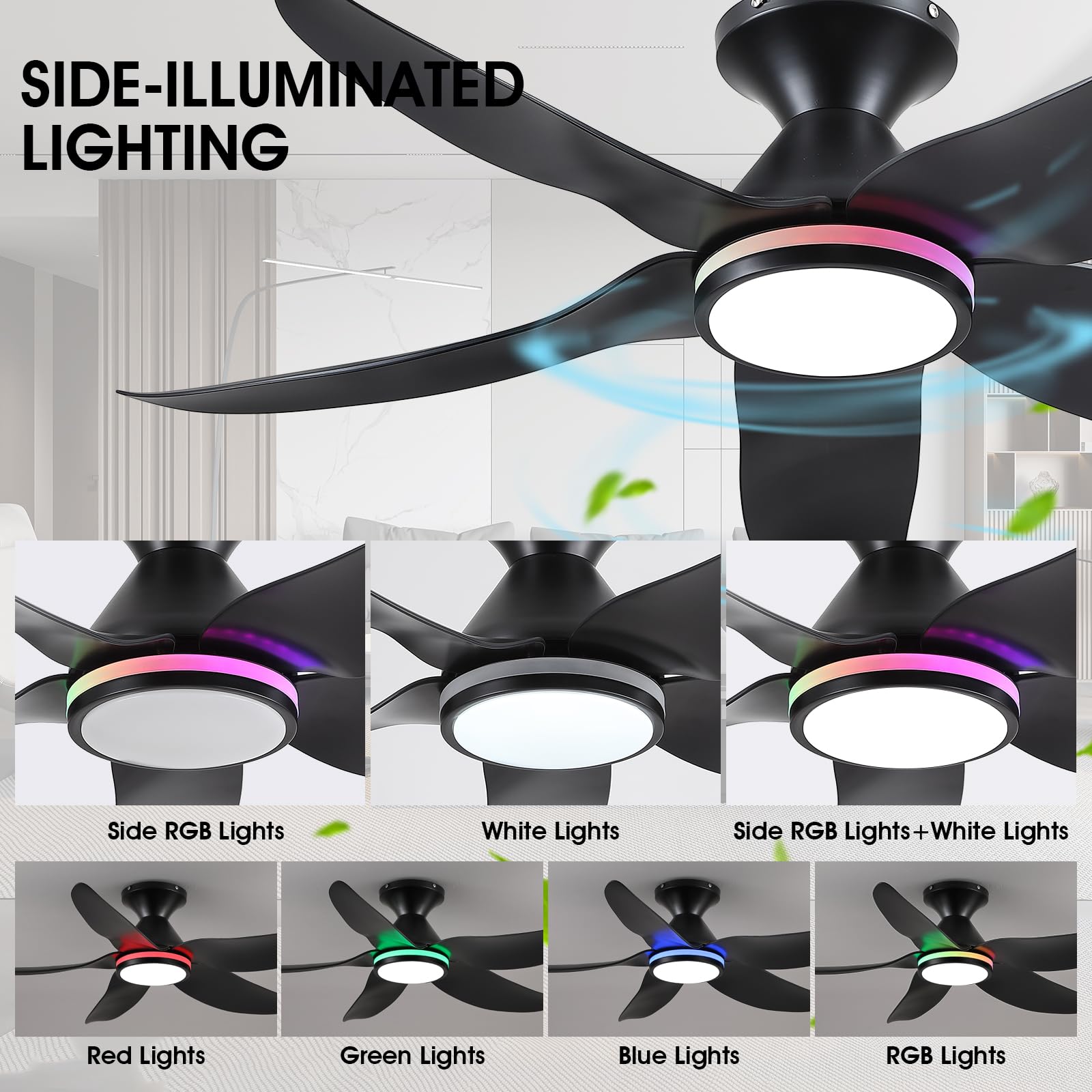 46'' Ceiling Fans With Lights Remote/App Control, Low Profile Ceiling Fans With Dimmable White Colors+Ring Rgb Lights, 6 Speeds