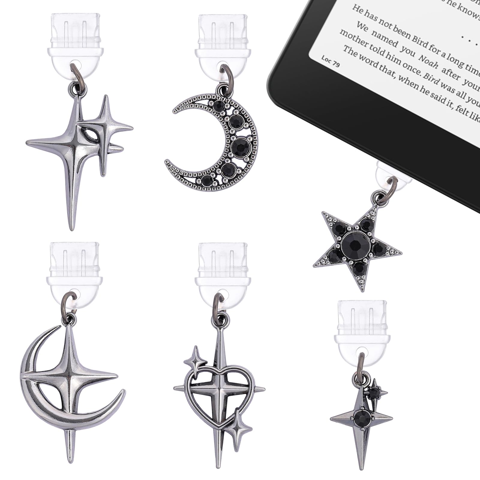 TAKEALOOKO 6 Pack Y2K Dust Plug Charms - Dark Goth Stars Pendants Compatible with Kindle & Phone, Type C/USB-C Charging Port Pro