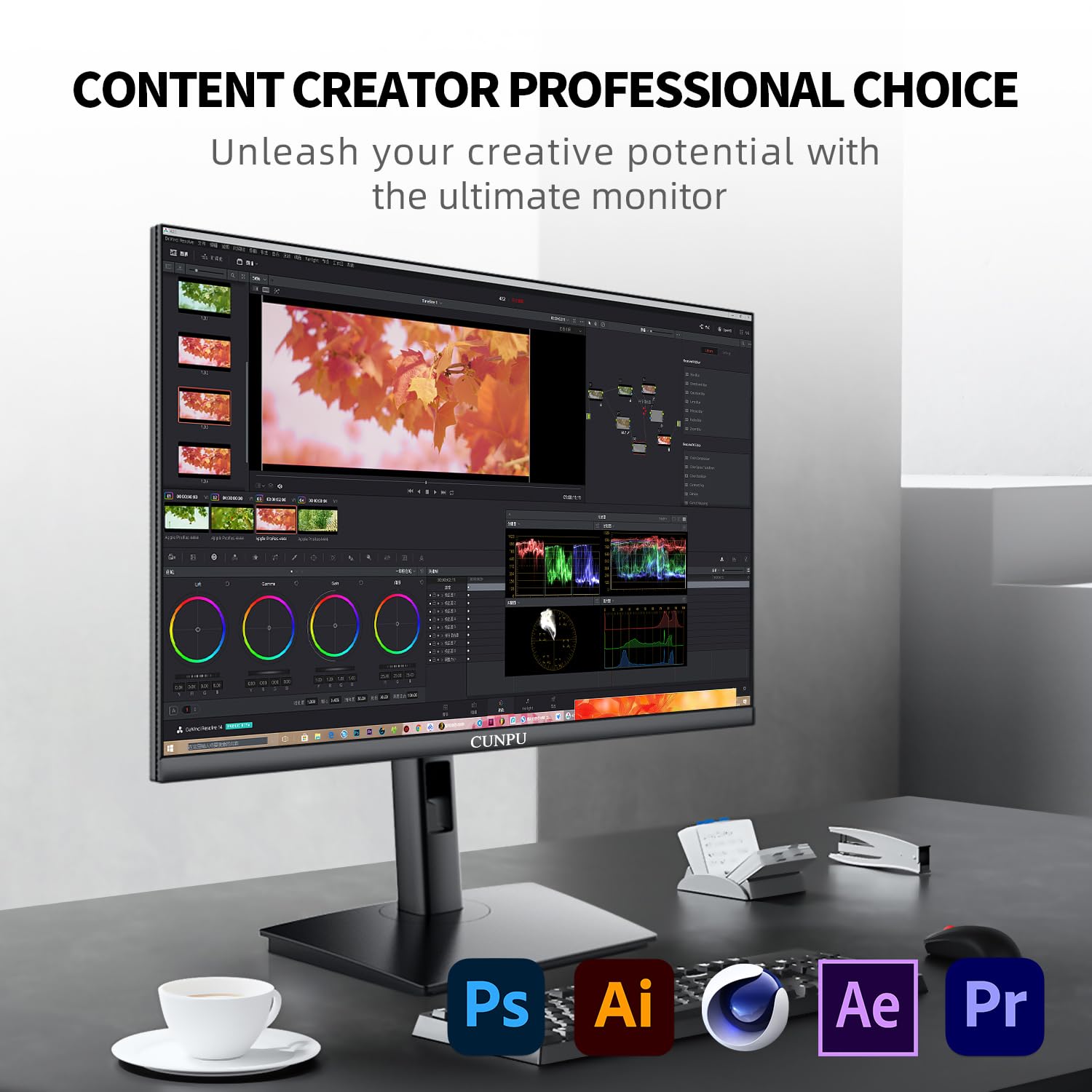 Cunpu 27 Inch 4K Monitor, Uhd (3840 * 2160) Ips Ultra Slim Bezel Monitor For Photo Video Editing, ?E < 2, 100% Dci P3, Height/Pi